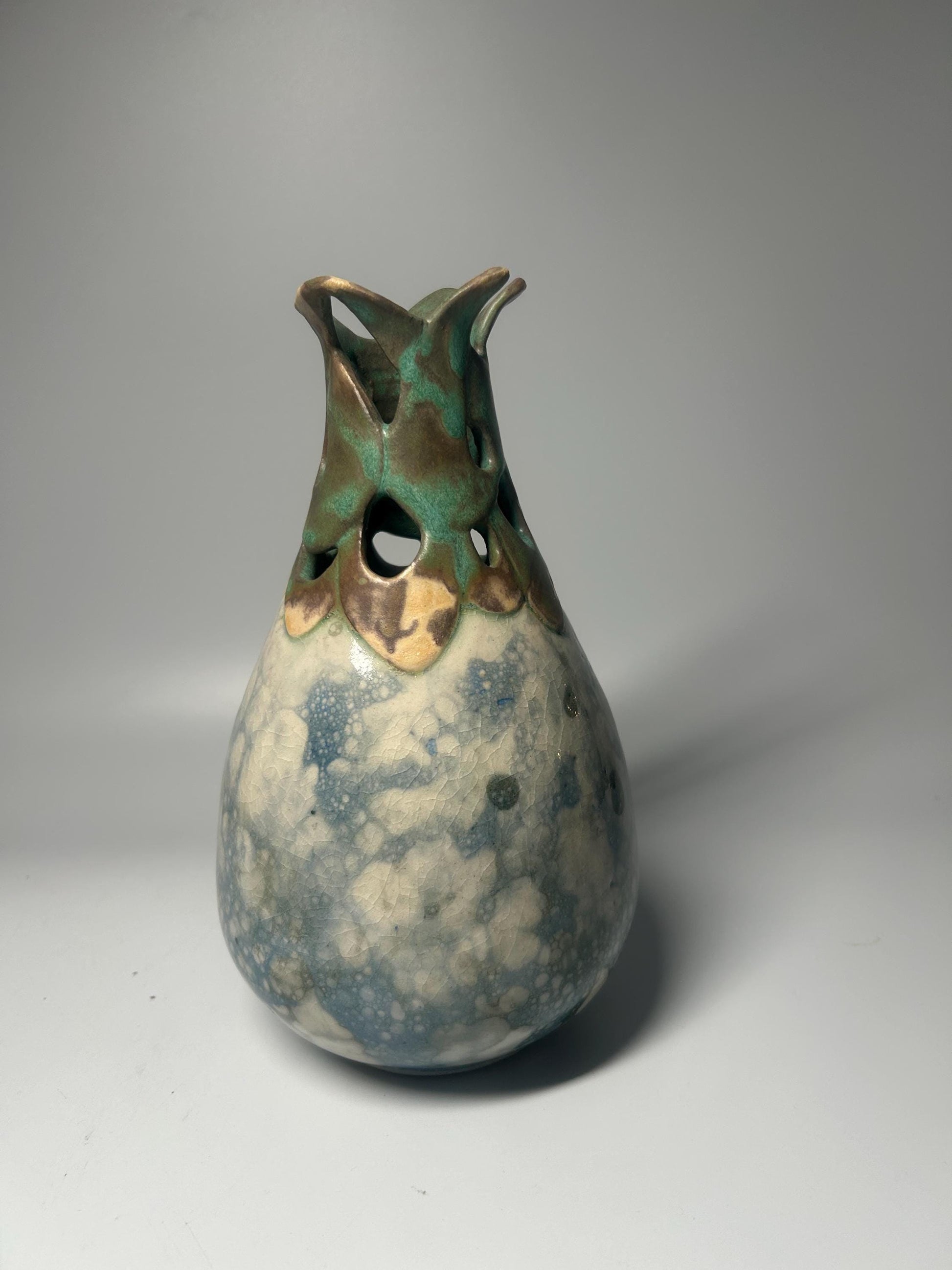Signed Studio Pottery Pierced Neck Vase with Crystalline Blue Glaze