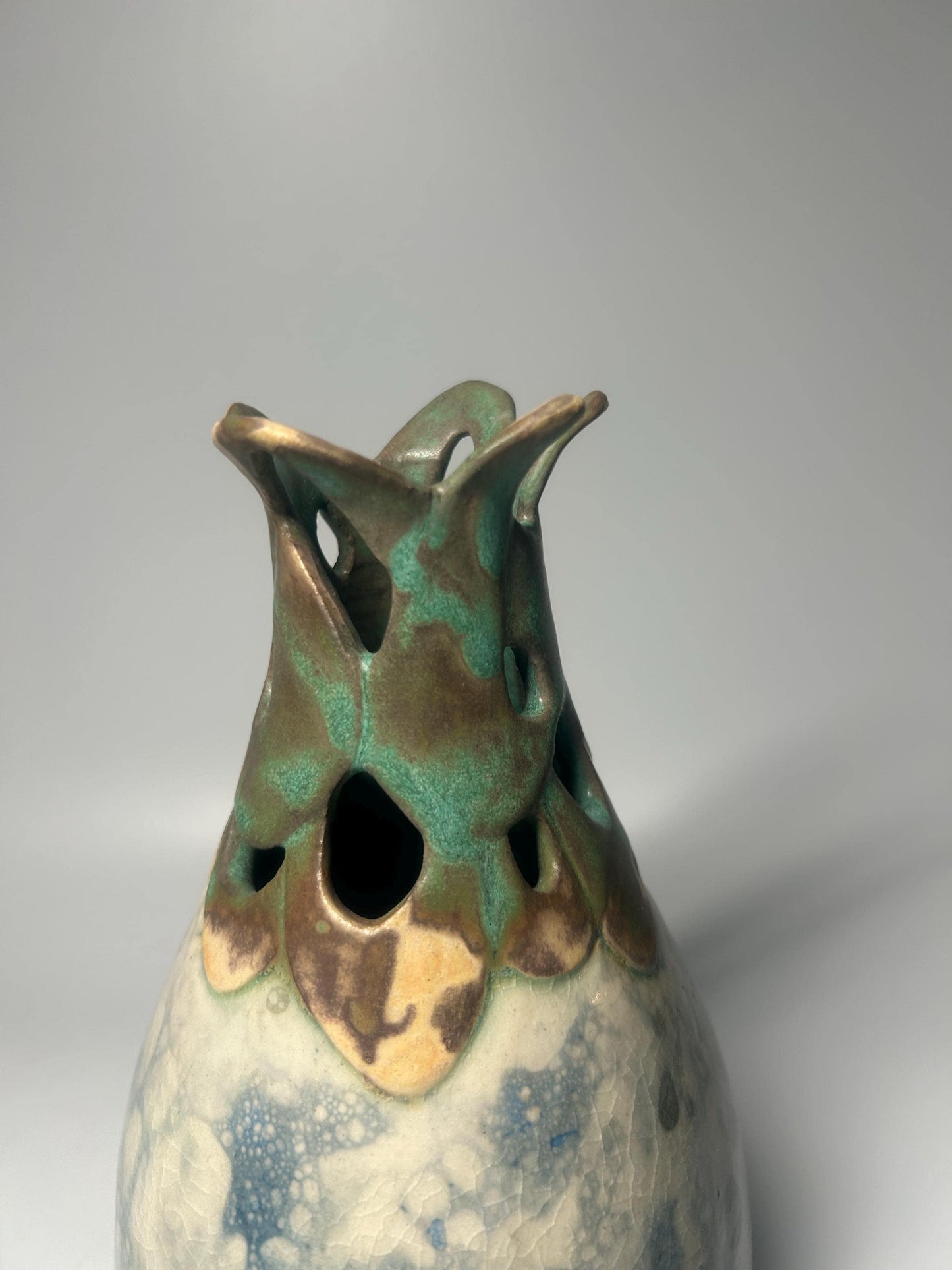 Signed Studio Pottery Pierced Neck Vase with Crystalline Blue Glaze