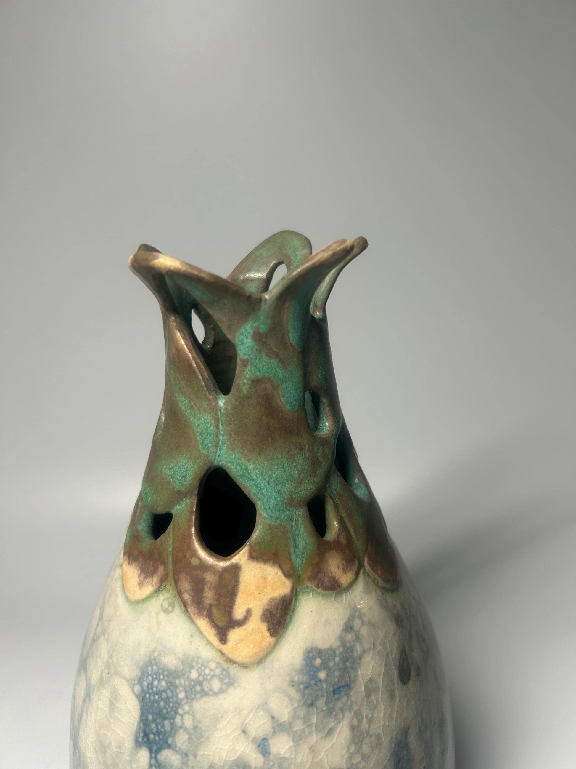 Signed Studio Pottery Pierced Neck Vase with Crystalline Blue Glaze