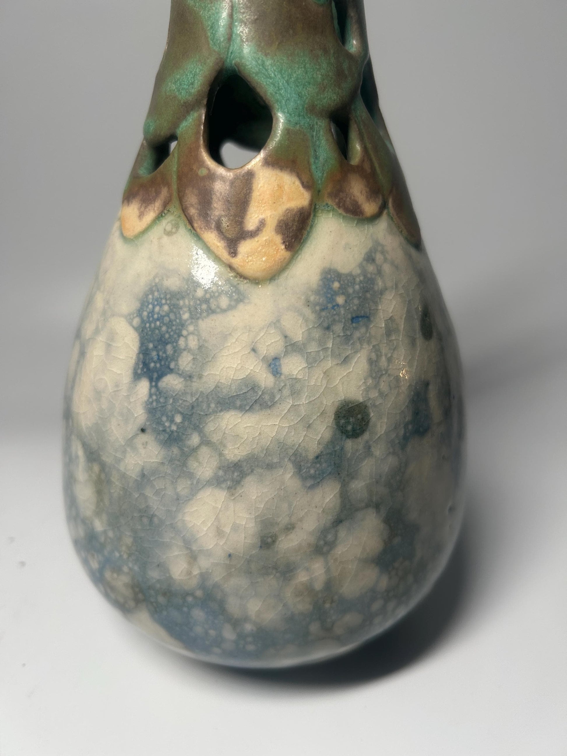 Signed Studio Pottery Pierced Neck Vase with Crystalline Blue Glaze