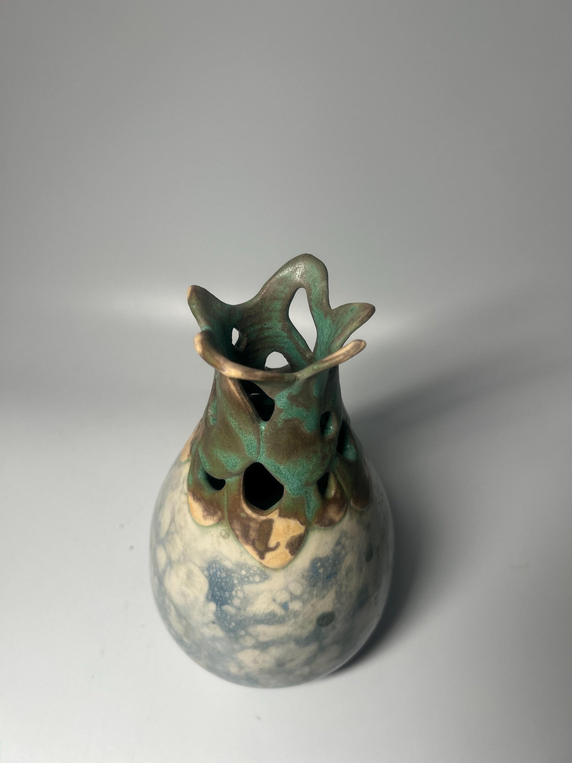 Signed Studio Pottery Pierced Neck Vase with Crystalline Blue Glaze