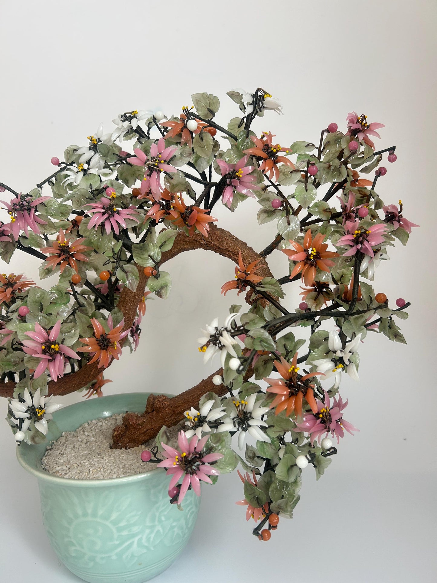 Vintage Chinese Hardstone Blossoming Tree in Celadon Planter