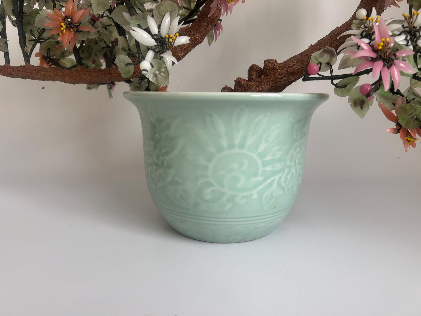 Vintage Chinese Hardstone Blossoming Tree in Celadon Planter