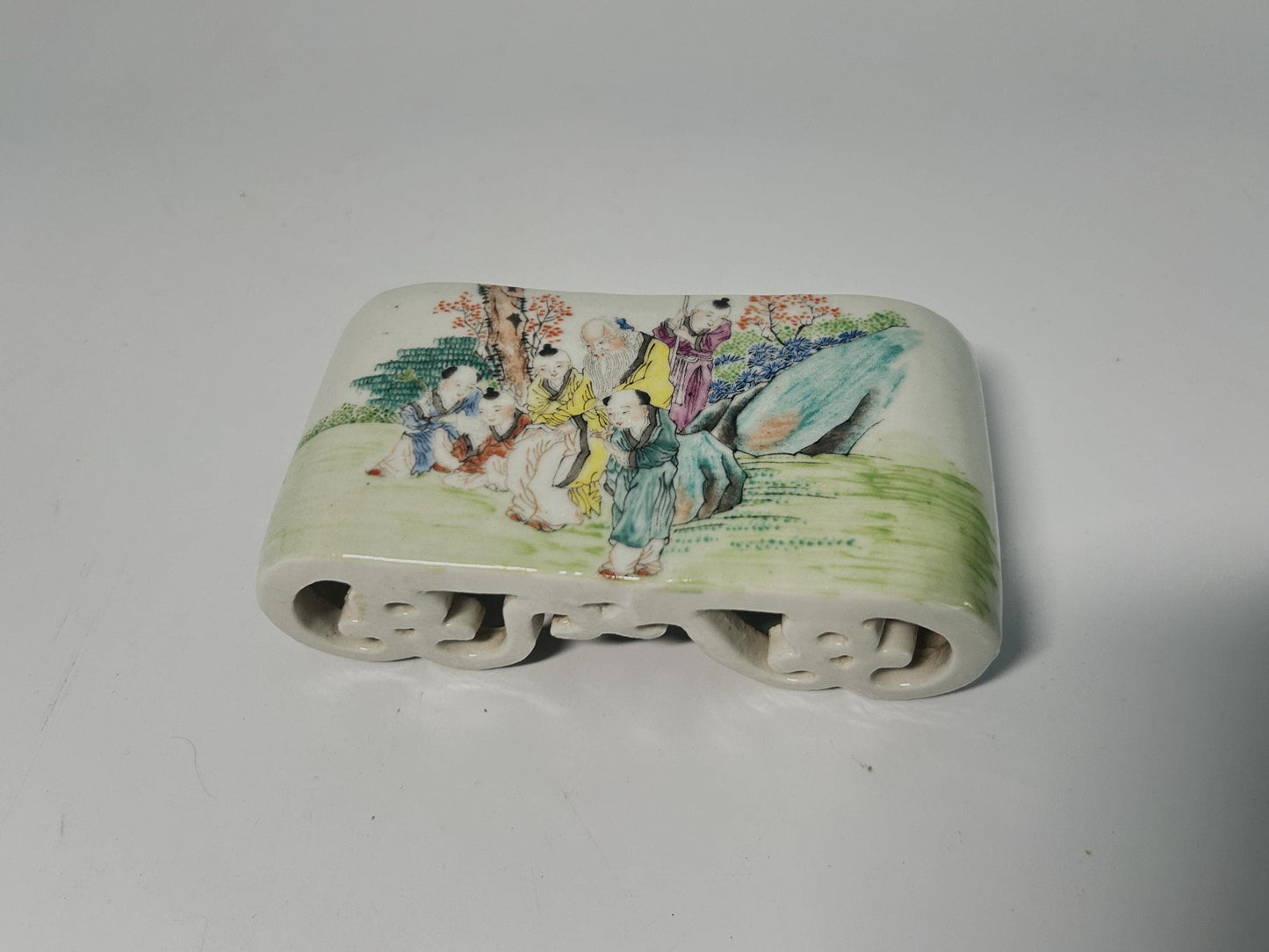 Antique Chinese Porcelain Brush Rest: Qianjiang Cai Scholar Scene, Late Qing Dynasty