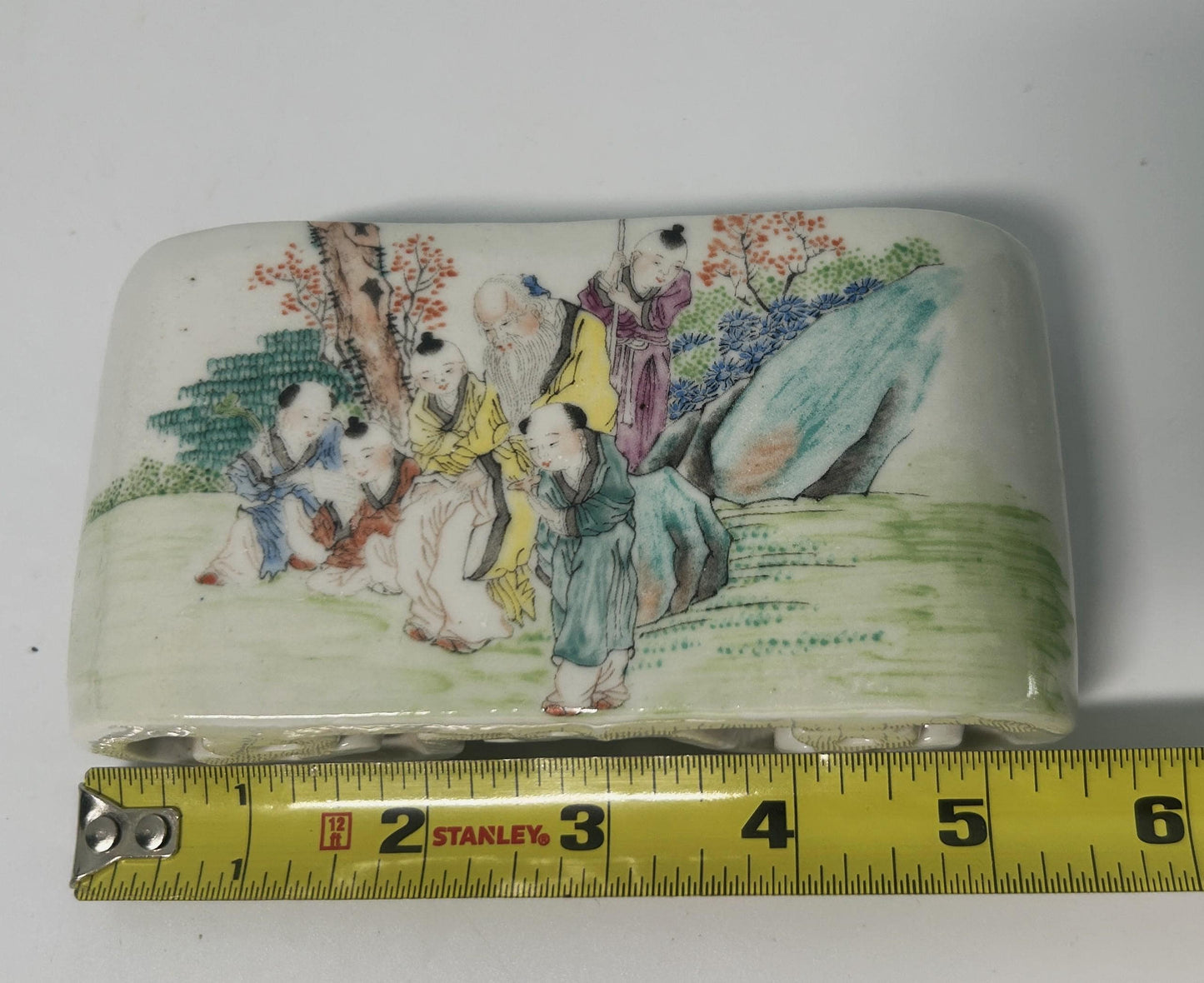 Antique Chinese Porcelain Brush Rest: Qianjiang Cai Scholar Scene, Late Qing Dynasty