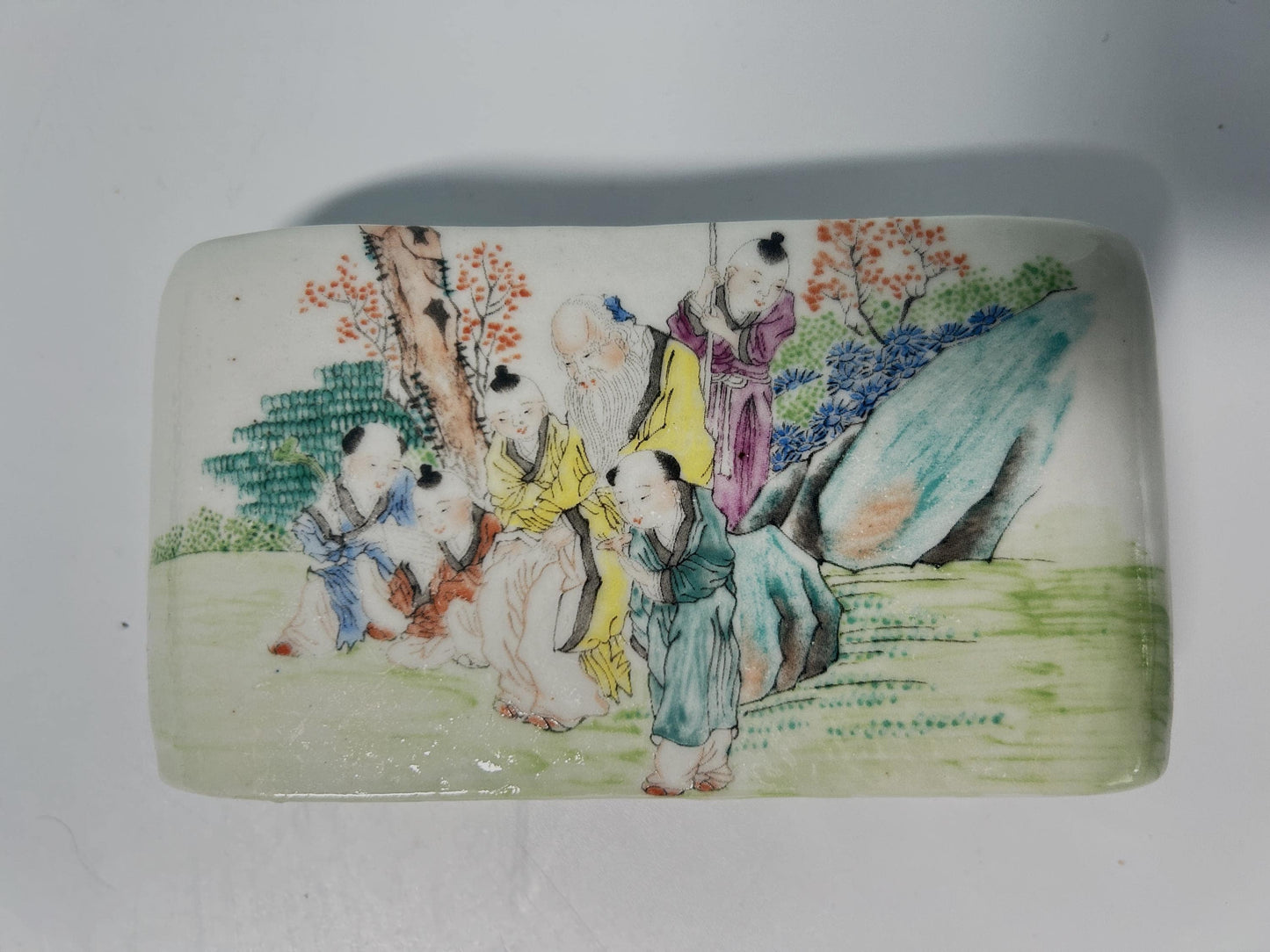 Antique Chinese Porcelain Brush Rest: Qianjiang Cai Scholar Scene, Late Qing Dynasty
