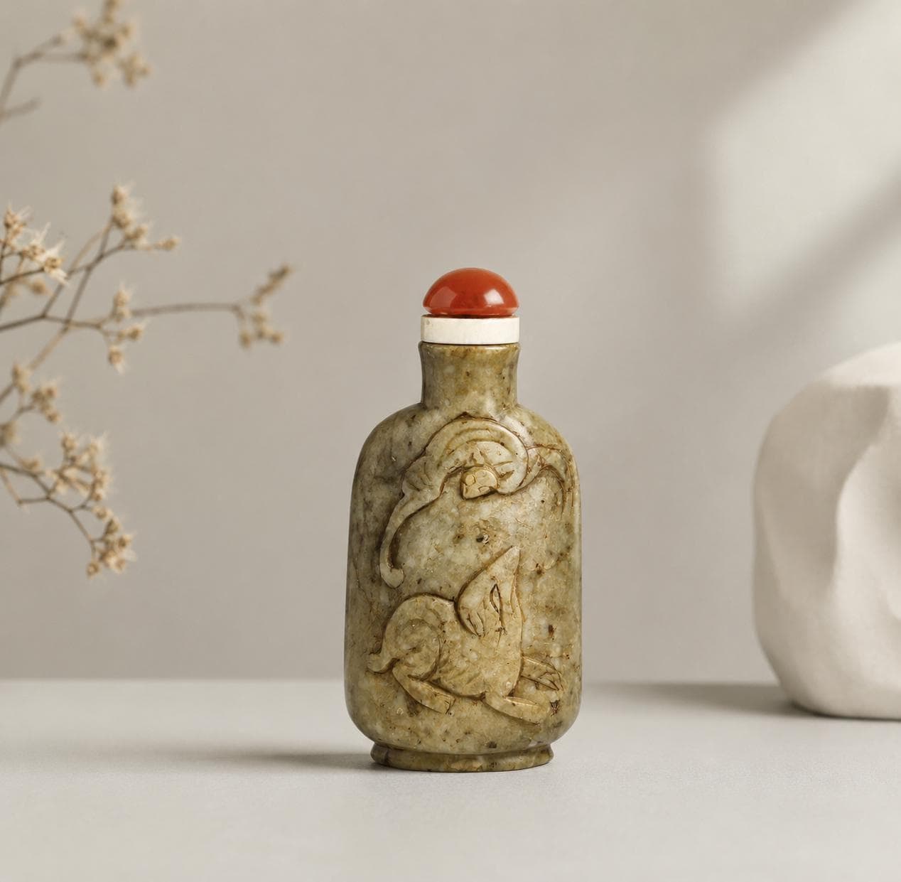 Antique Chinese Hardstone Snuff Bottle: Carved Rabbit, Red Agate Stopper, Qing Style