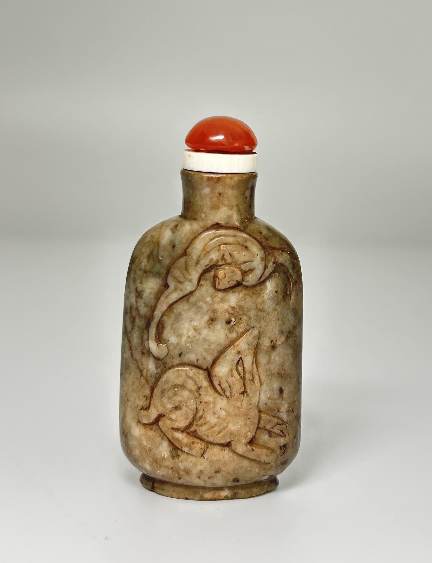 Antique Chinese Hardstone Snuff Bottle: Carved Rabbit, Red Agate Stopper, Qing Style
