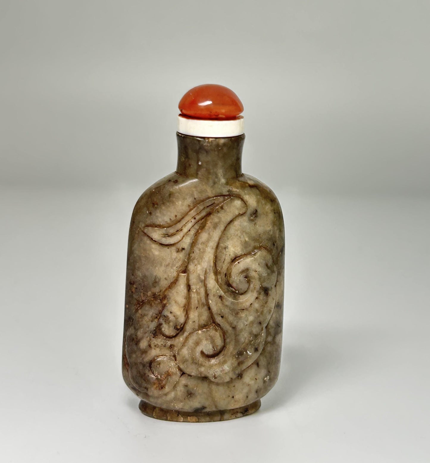 Antique Chinese Hardstone Snuff Bottle: Carved Rabbit, Red Agate Stopper, Qing Style