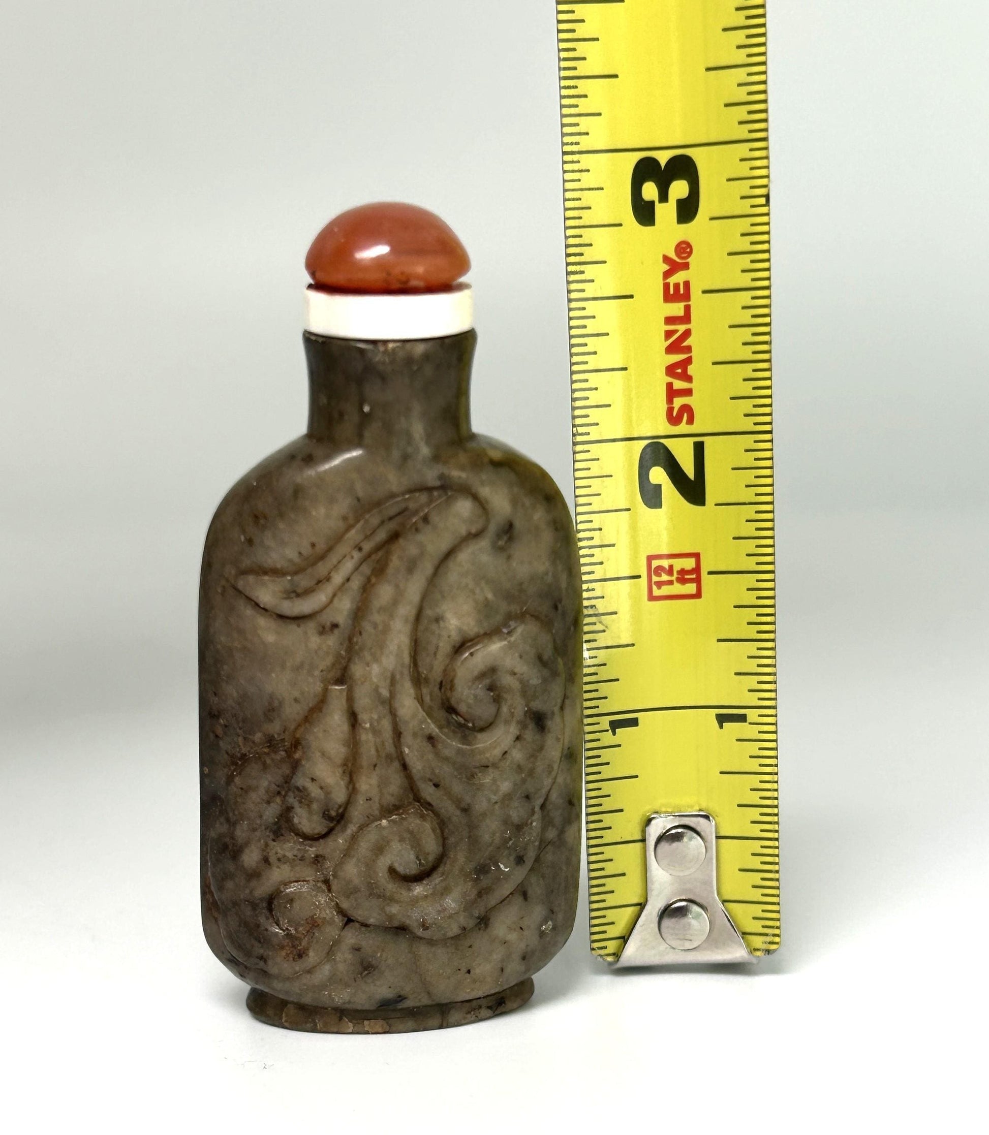 Antique Chinese Hardstone Snuff Bottle: Carved Rabbit, Red Agate Stopper, Qing Style