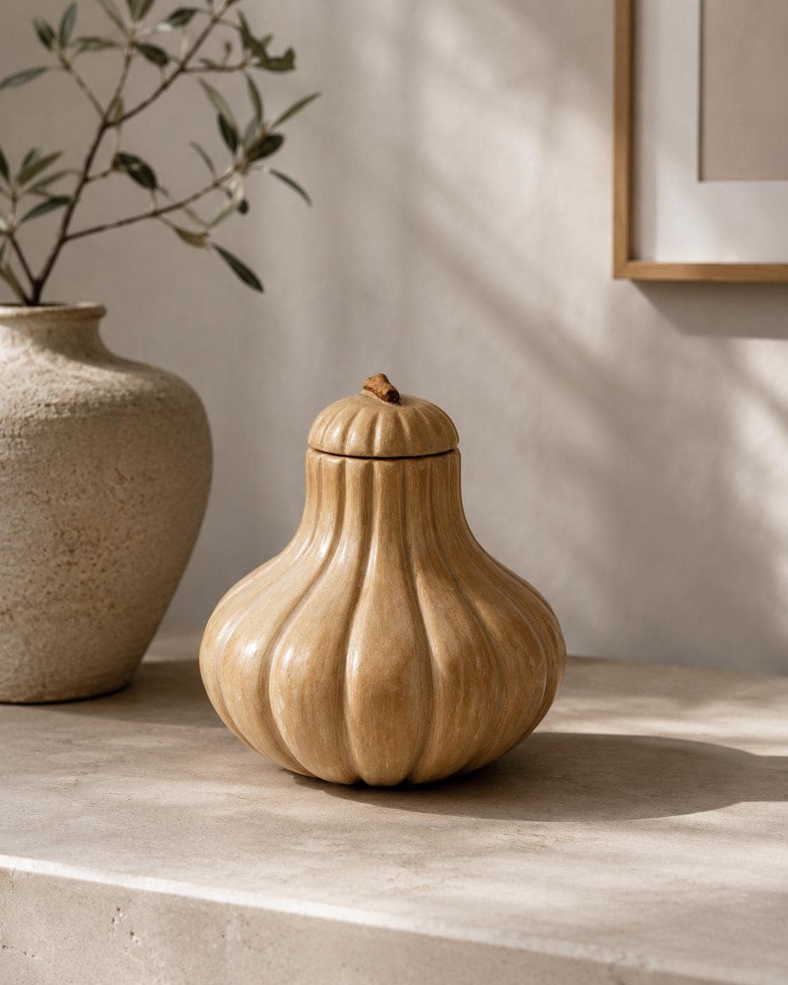 Handmade Garlic Bulb Pottery Jar – Ribbed Ceramic Lidded Vessel, Signed Artisan Tanware