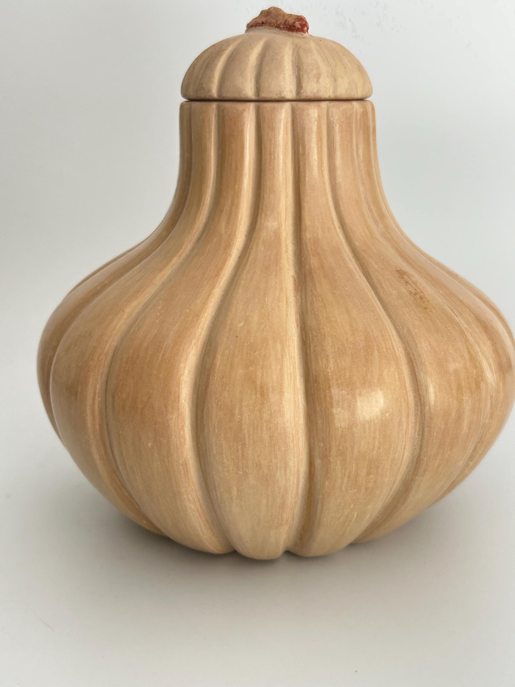 Handmade Garlic Bulb Pottery Jar – Ribbed Ceramic Lidded Vessel, Signed Artisan Tanware
