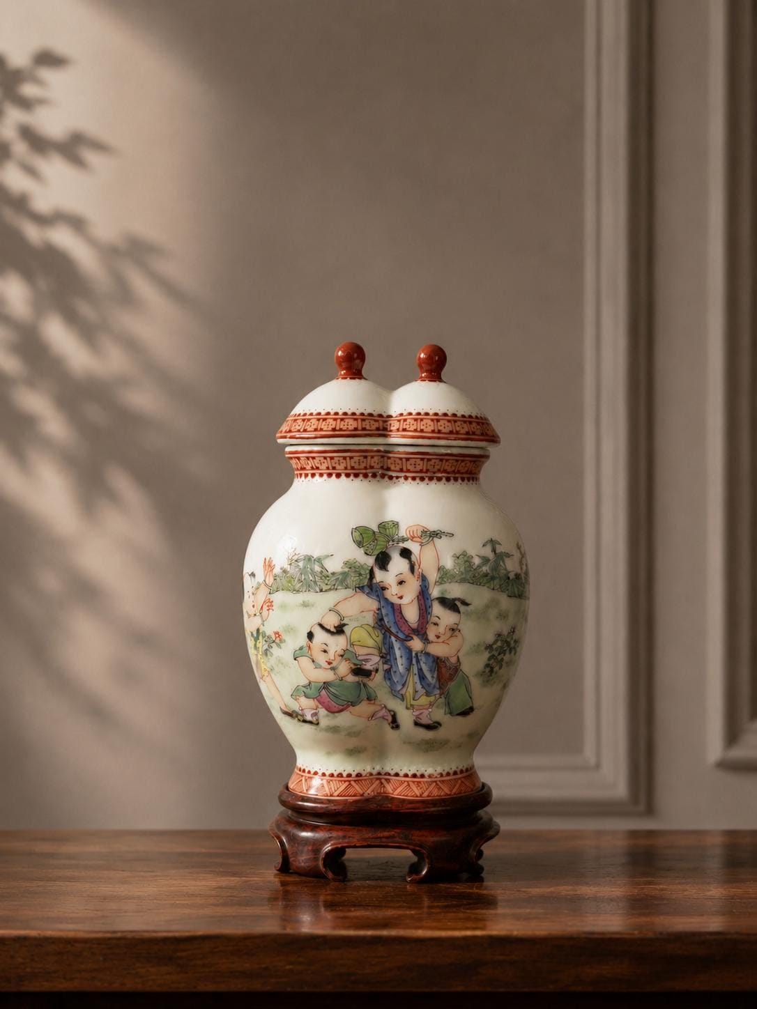 Chinese Porcelain Double Gourd Jar, Children Scene, Famille Rose Style, Qianlong Mark