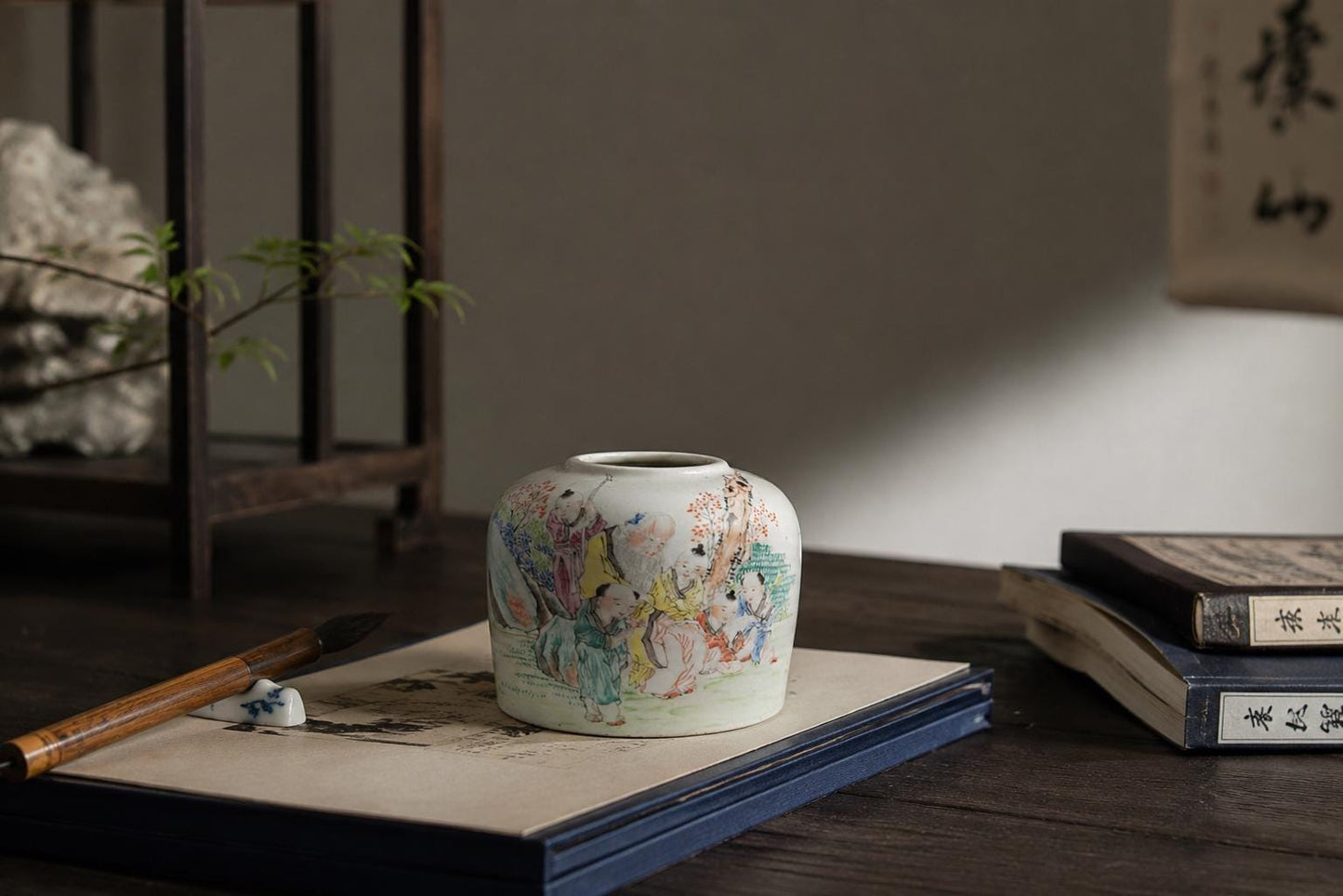 Chinese Famille Rose Water Dropper | Hundred Boys Scholar's Desk Porcelain (Jiangxi Porcelain Company Mark)