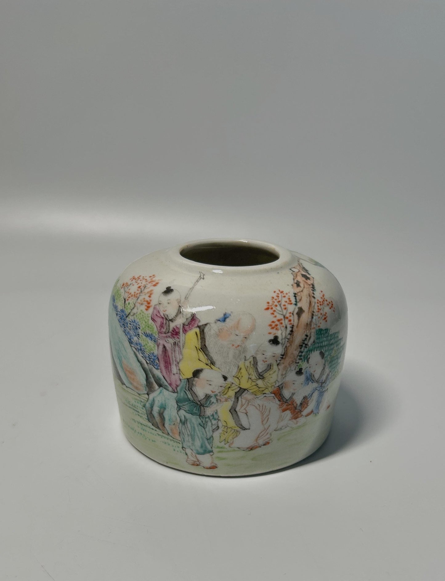 Chinese Famille Rose Water Dropper | Hundred Boys Scholar's Desk Porcelain (Jiangxi Porcelain Company Mark)