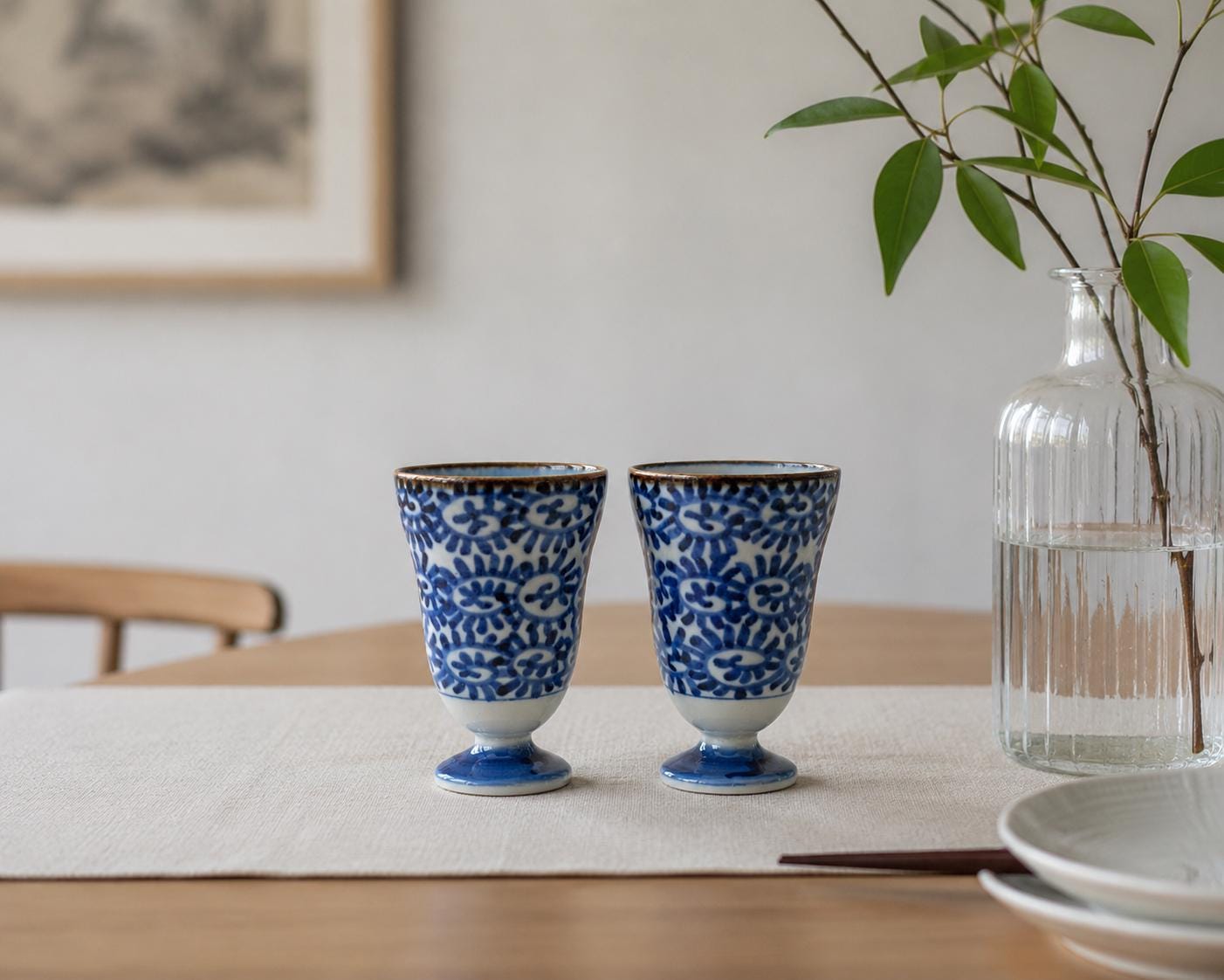 Vintage Pair of Japanese Hand Painted Footed Sake Cups, Imari Arita-yaki Ceramic Tea Cups