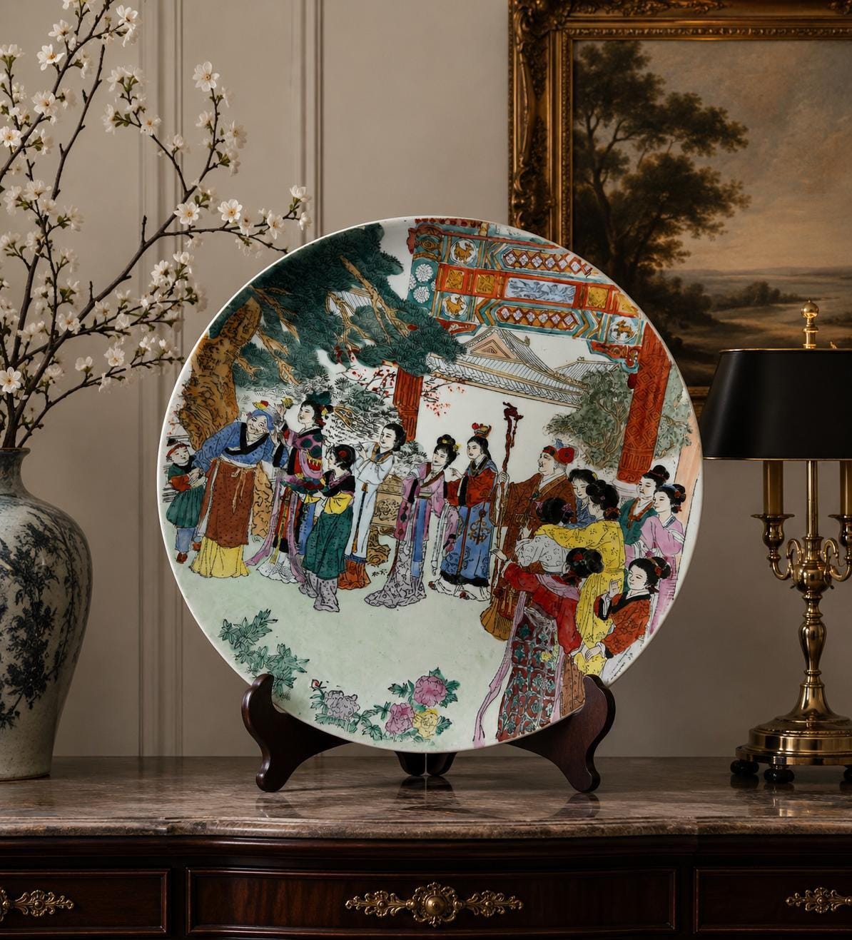 Antique Famille Rose Porcelain Plate | Hand-Painted Court Ladies Scene Charger