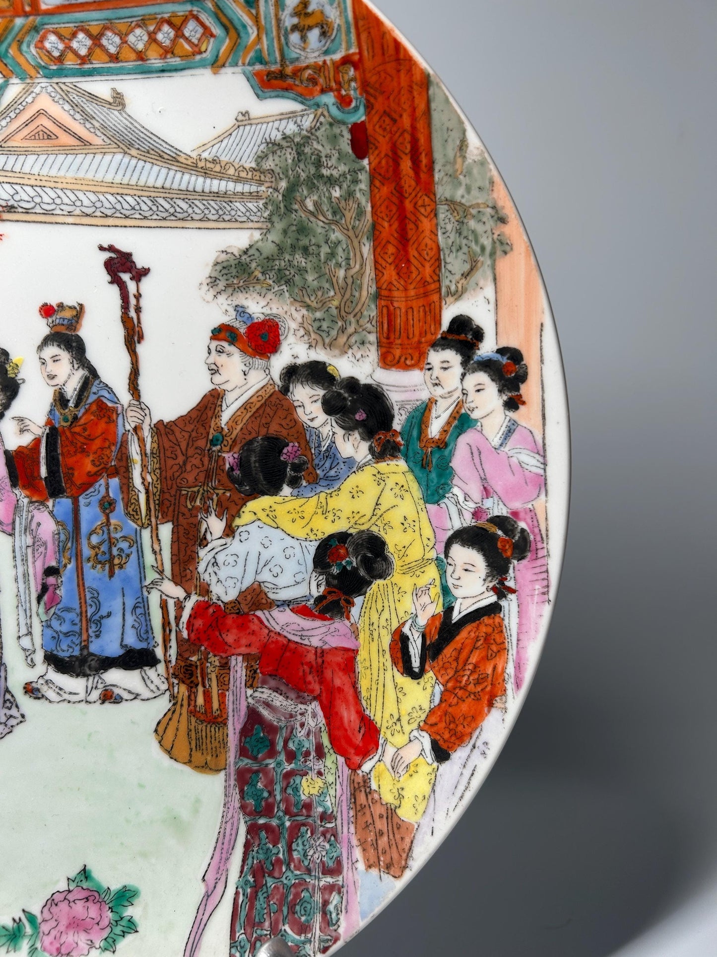 Antique Famille Rose Porcelain Plate | Hand-Painted Court Ladies Scene Charger