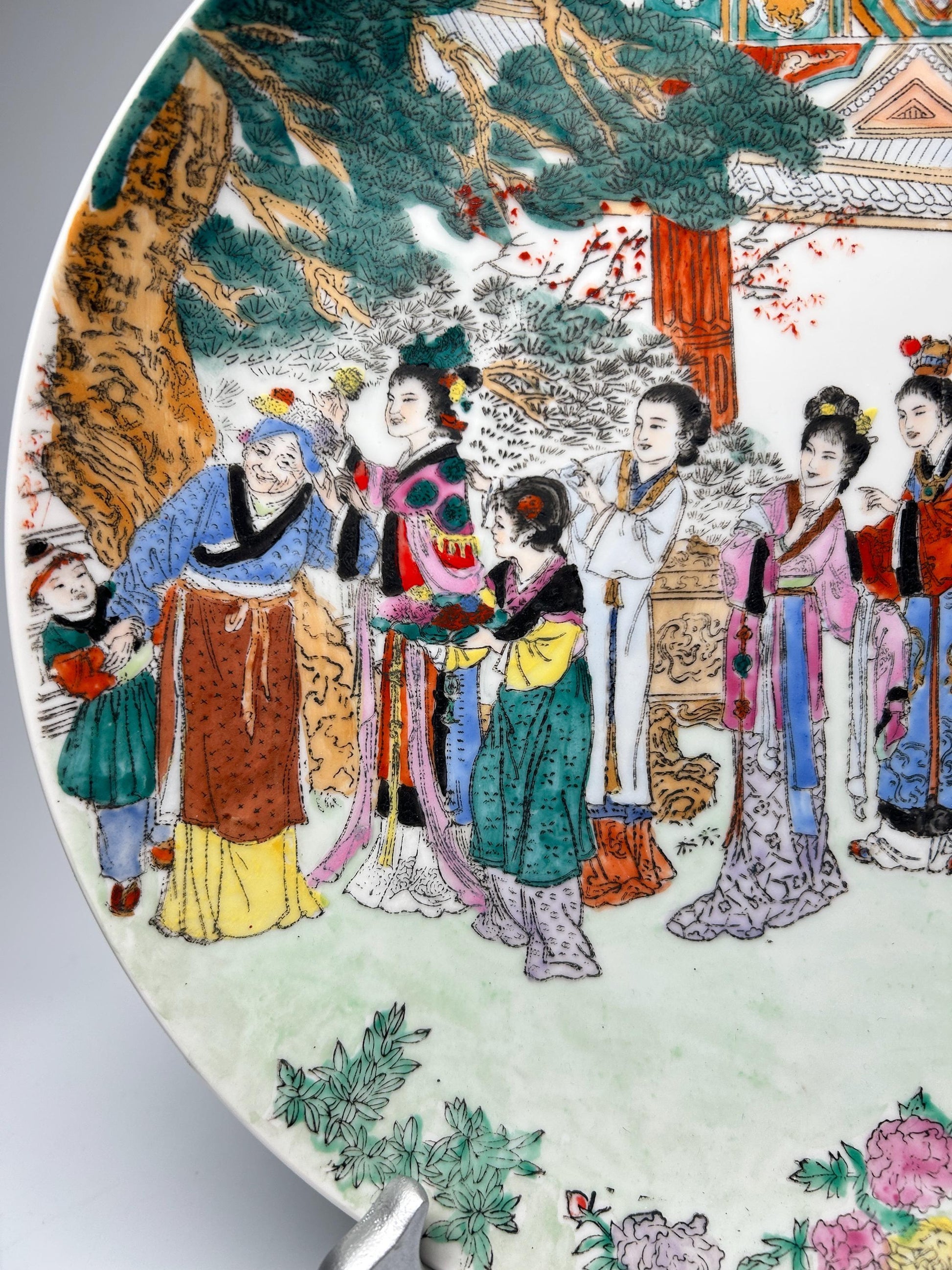 Antique Famille Rose Porcelain Plate | Hand-Painted Court Ladies Scene Charger