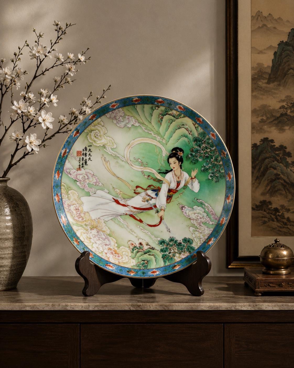 Vintage Imperial Jingdezhen Porcelain Decorative Plate | Chinese Beauty Maiden Plate | Hand-Painted Oriental Wall Display
