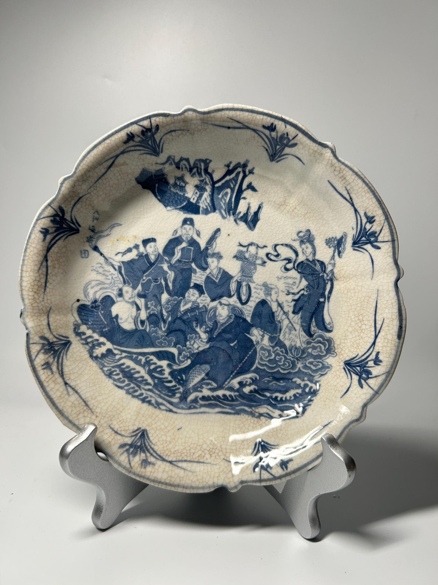 Chinese Blue & White Porcelain Dish | Crackle Glaze Scalloped Plate