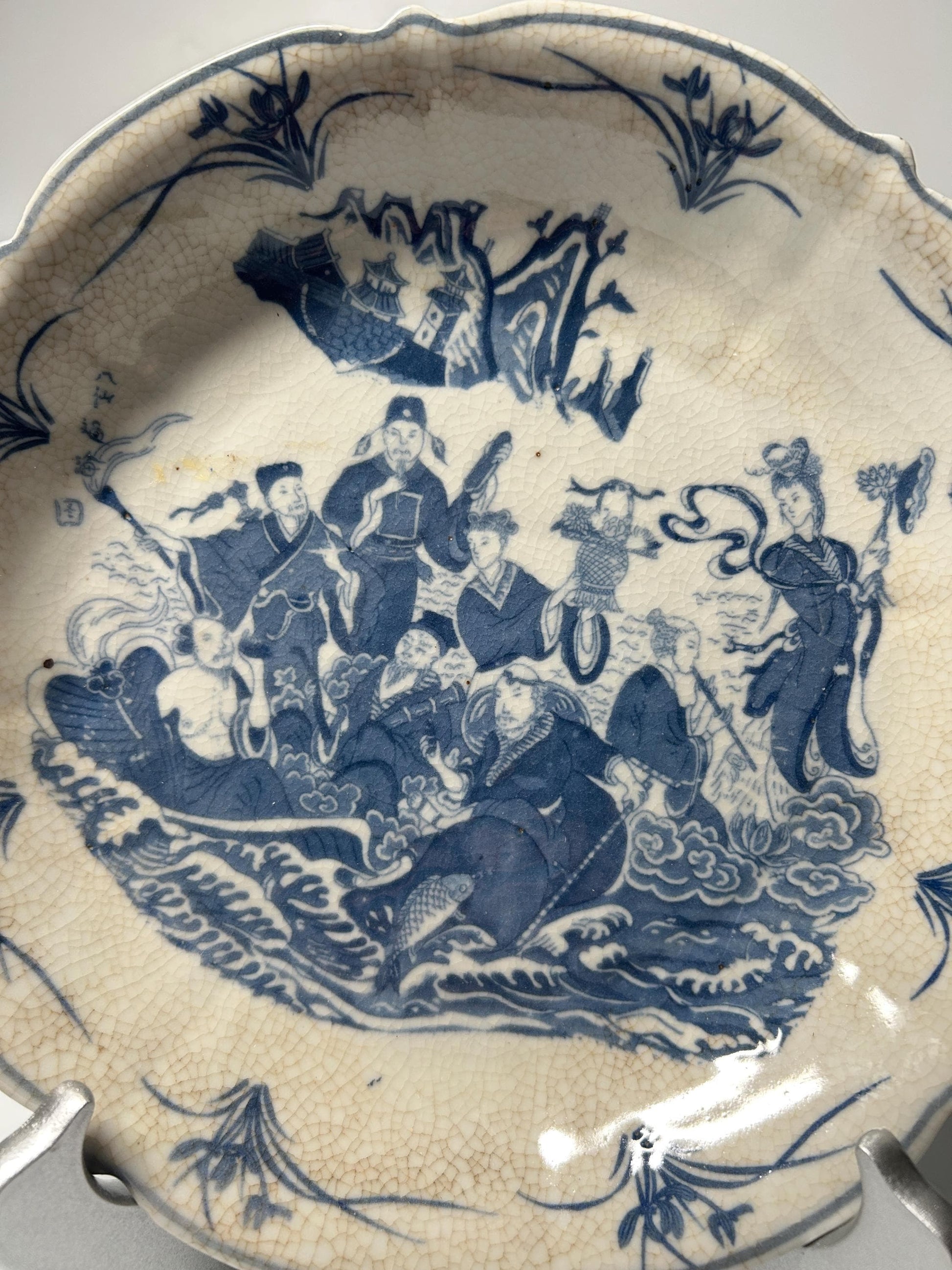 Chinese Blue & White Porcelain Dish | Crackle Glaze Scalloped Plate