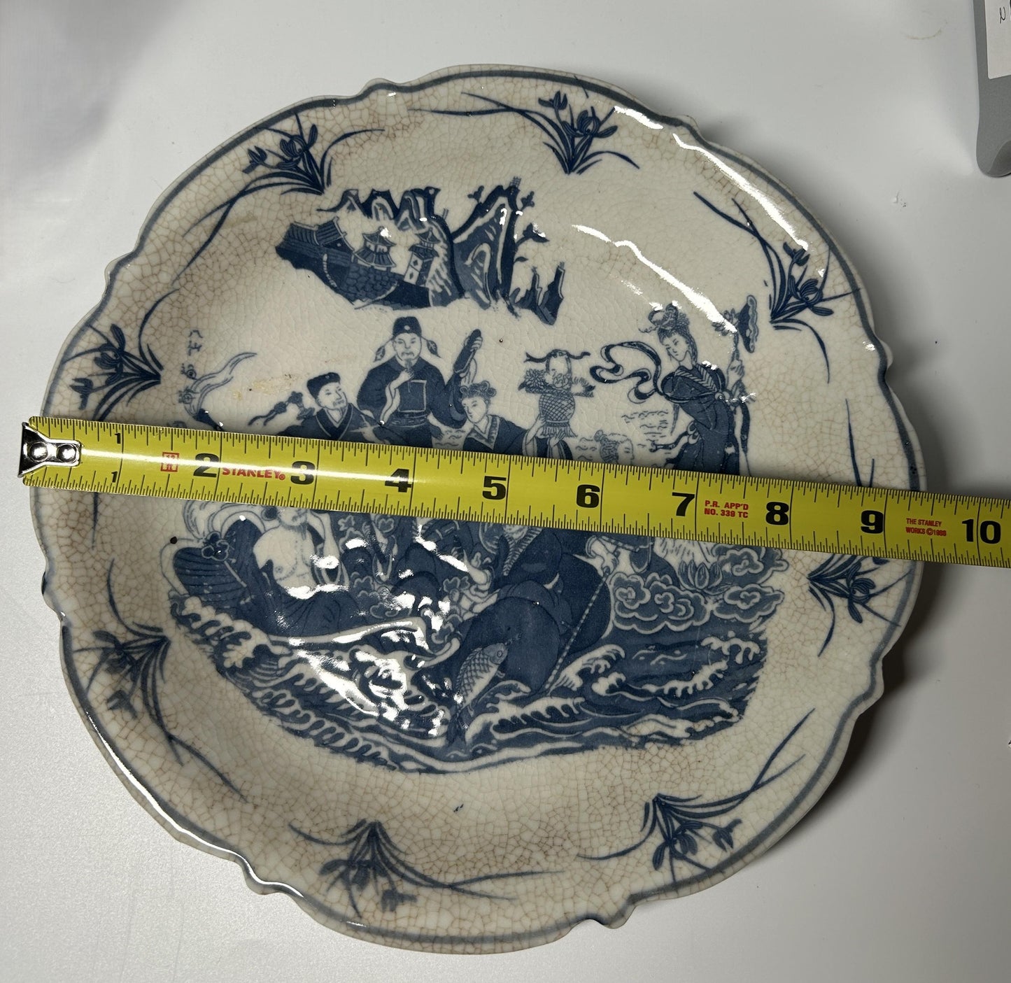Chinese Blue & White Porcelain Dish | Crackle Glaze Scalloped Plate