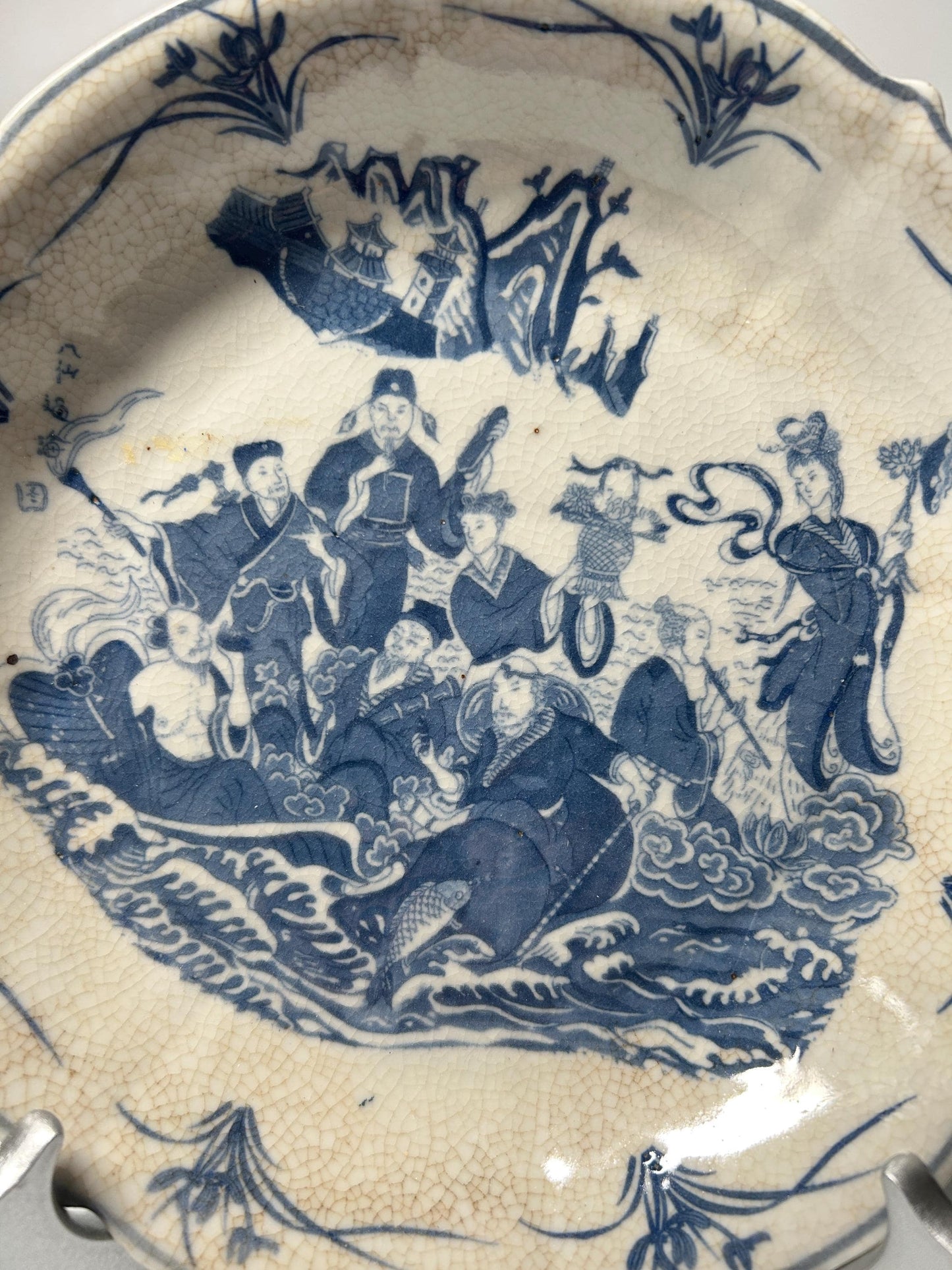 Chinese Blue & White Porcelain Dish | Crackle Glaze Scalloped Plate