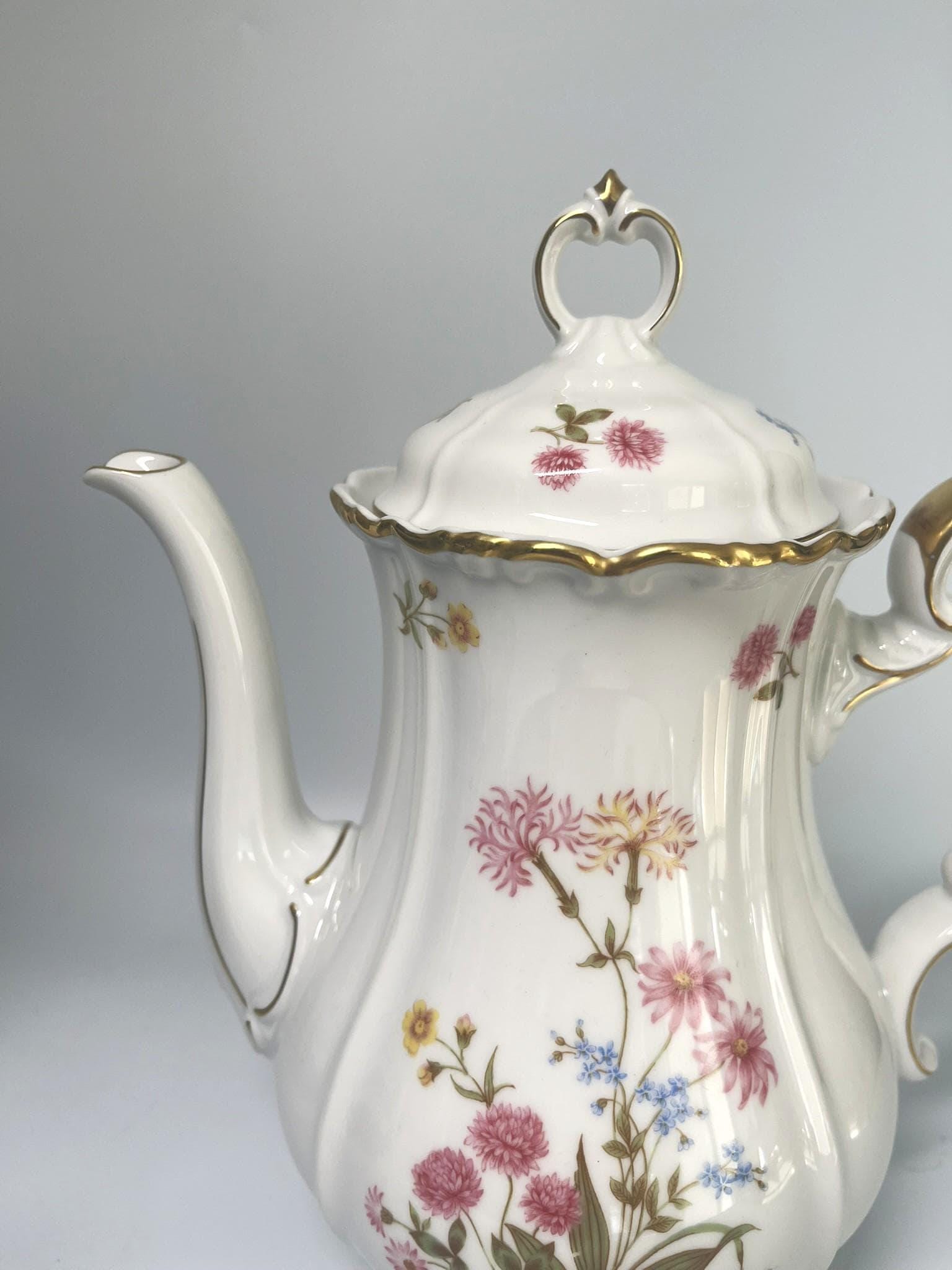 Vintage Edelstein Bavaria Maria-Theresia Coffee Pot, German Porcelain Teapot, Floral Gold Trim Coffee Server
