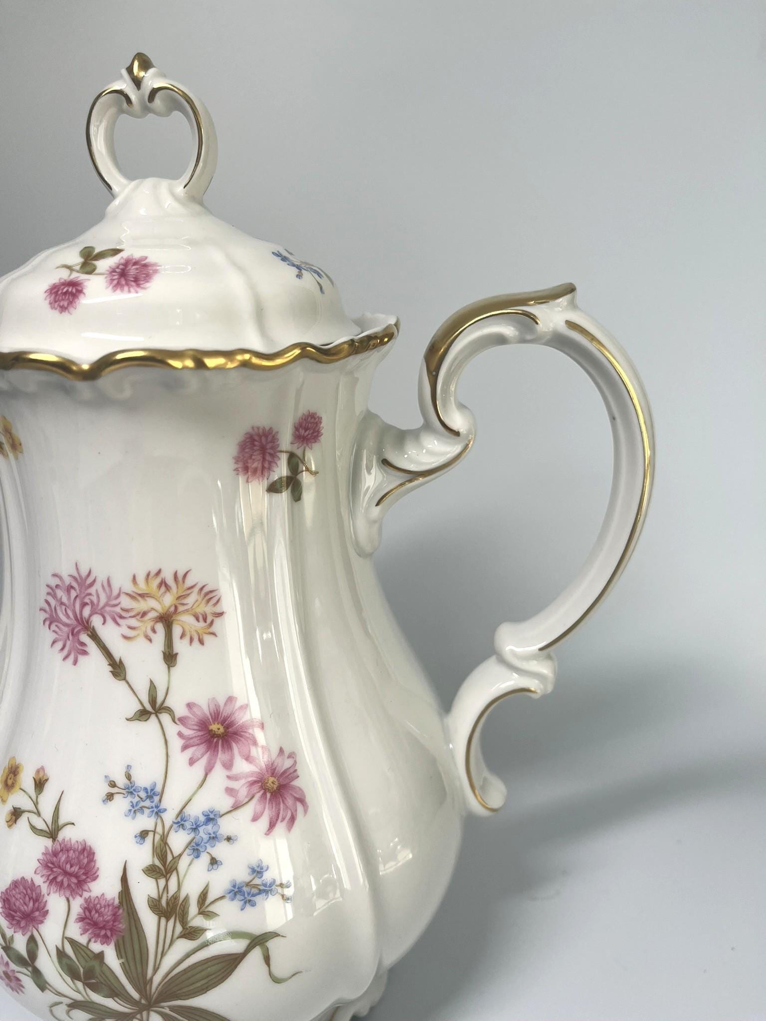 Vintage Edelstein Bavaria Maria-Theresia Coffee Pot, German Porcelain Teapot, Floral Gold Trim Coffee Server