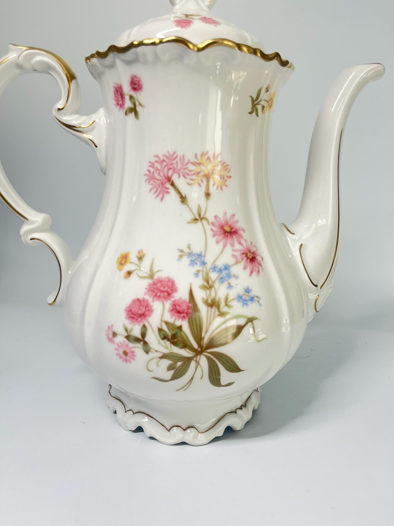 Vintage Edelstein Bavaria Maria-Theresia Coffee Pot, German Porcelain Teapot, Floral Gold Trim Coffee Server