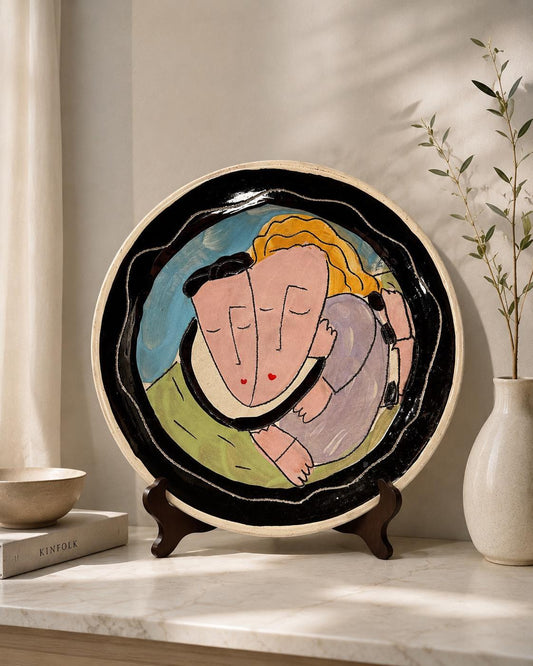Signed Studio Art Pottery Plate – Figurative Embrace, Handcrafted Wall Decor
