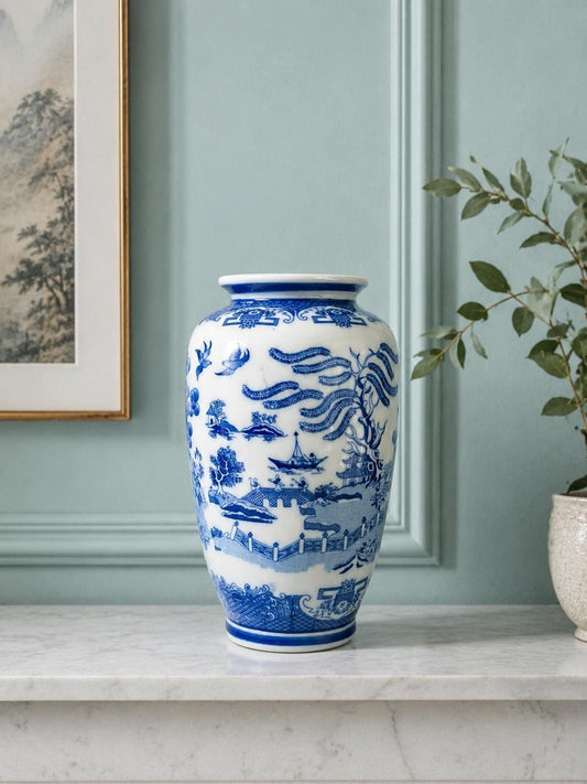 Vintage Blue and White Porcelain Vase, Chinoiserie Ginger Jar Style Vase, Oriental Landscape Decor