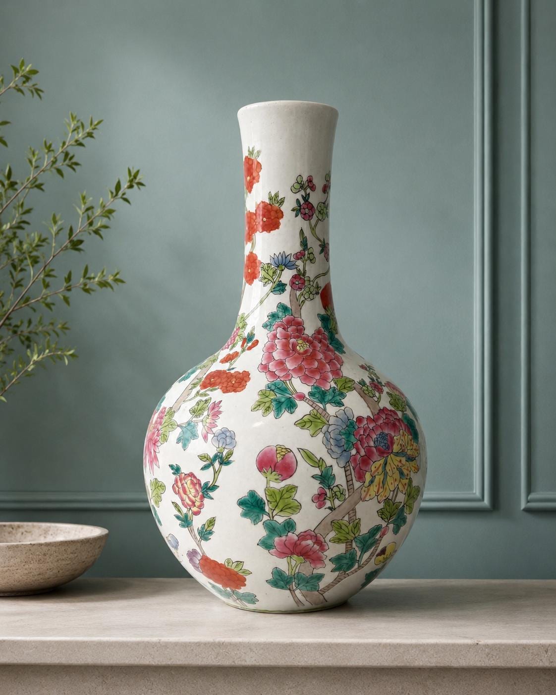 Vintage Famille Rose Porcelain Vase, Hand Painted Peony Floral Bottle, Asian Chinoiserie Decor