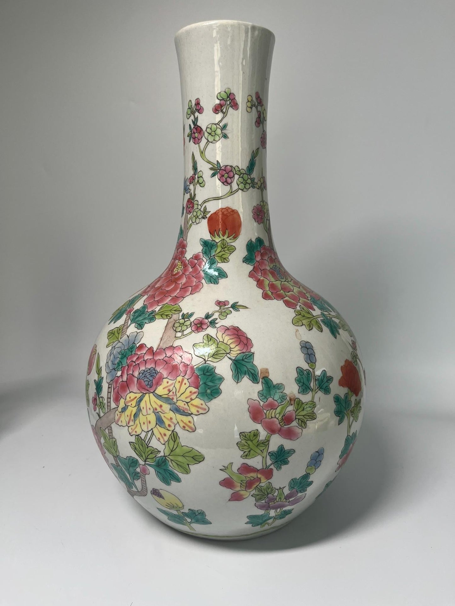 Vintage Famille Rose Porcelain Vase, Hand Painted Peony Floral Bottle, Asian Chinoiserie Decor