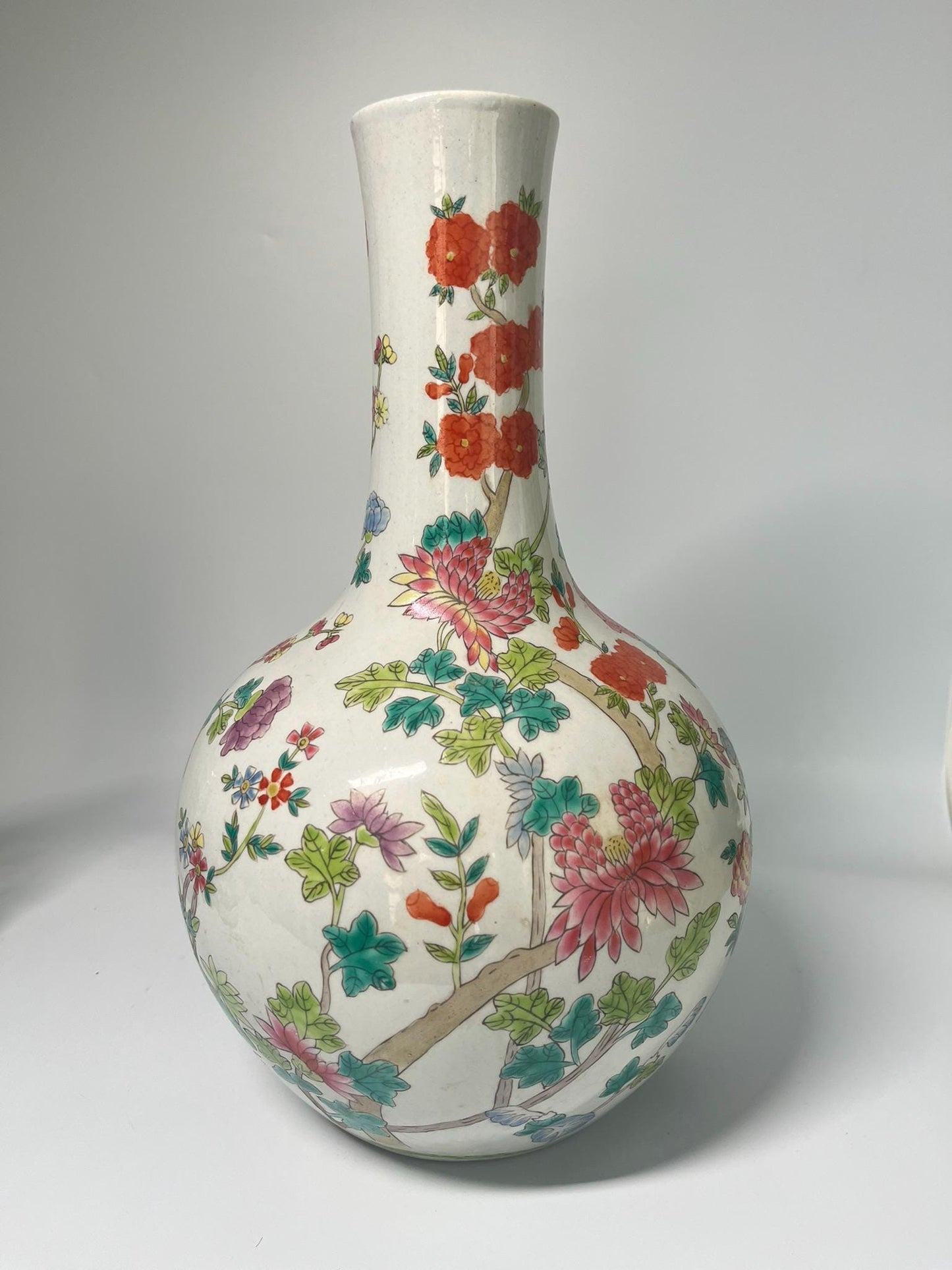 Vintage Famille Rose Porcelain Vase, Hand Painted Peony Floral Bottle, Asian Chinoiserie Decor