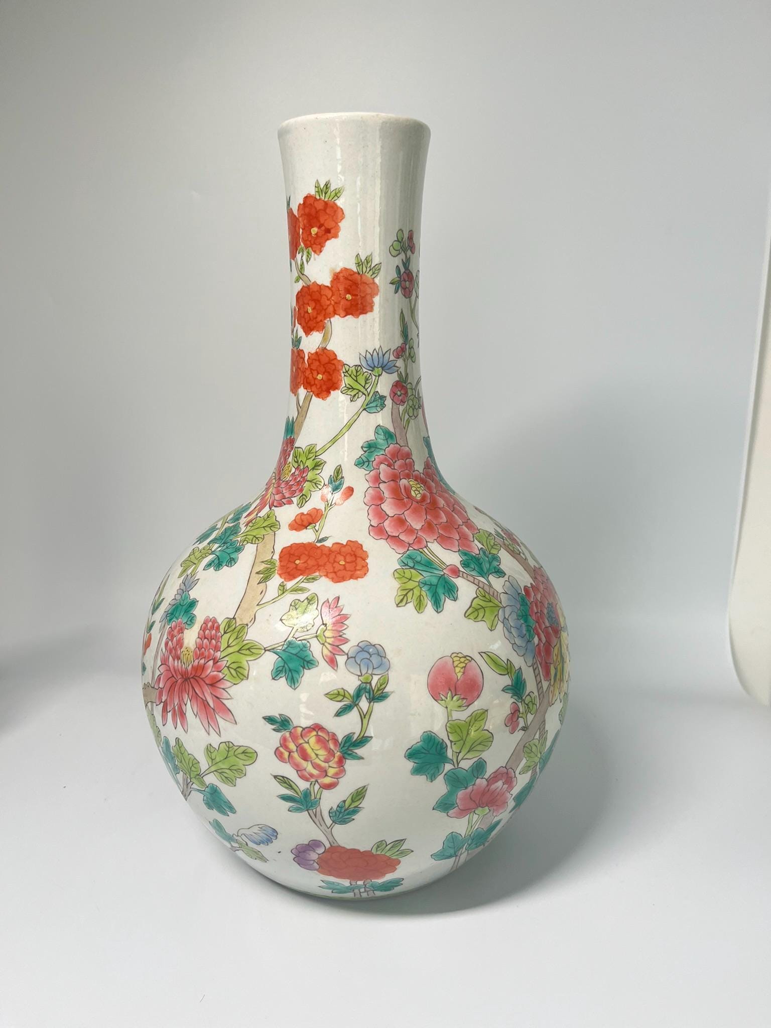 Vintage Famille Rose Porcelain Vase, Hand Painted Peony Floral Bottle, Asian Chinoiserie Decor