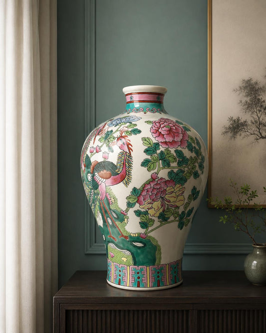 Vintage Famille Rose Porcelain Vase, Hand-Painted Phoenix Peony Chinese Export
