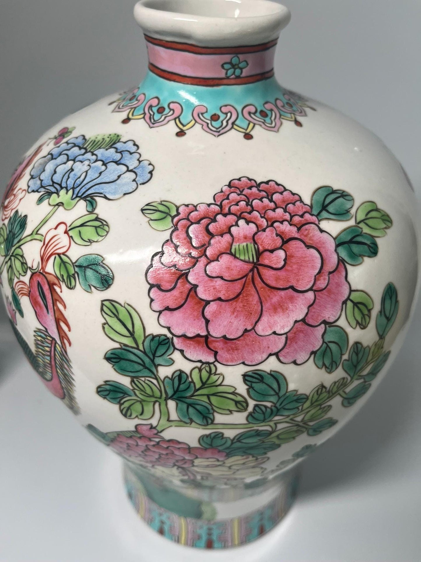 Vintage Famille Rose Porcelain Vase, Hand-Painted Phoenix Peony Chinese Export