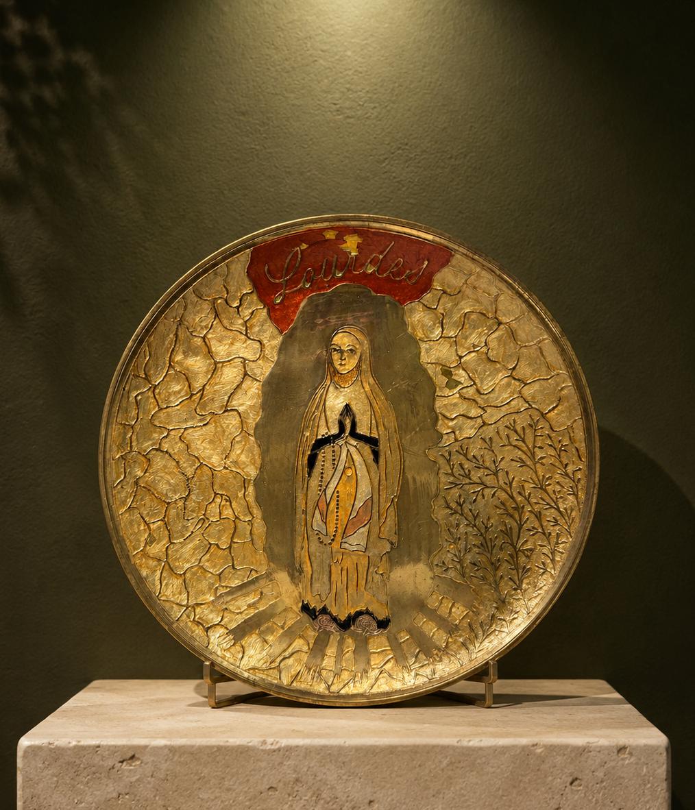 Vintage Virgin Mary Lourdes Gold Relief Plate, Catholic Devotional Art
