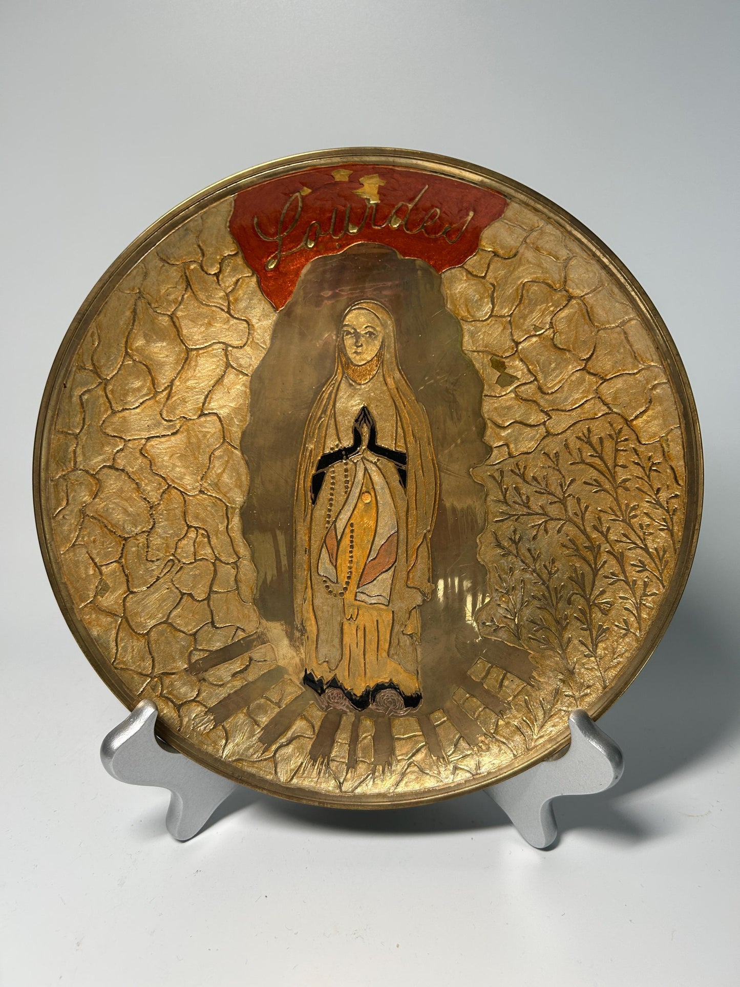 Vintage Virgin Mary Lourdes Gold Relief Plate, Catholic Devotional Art