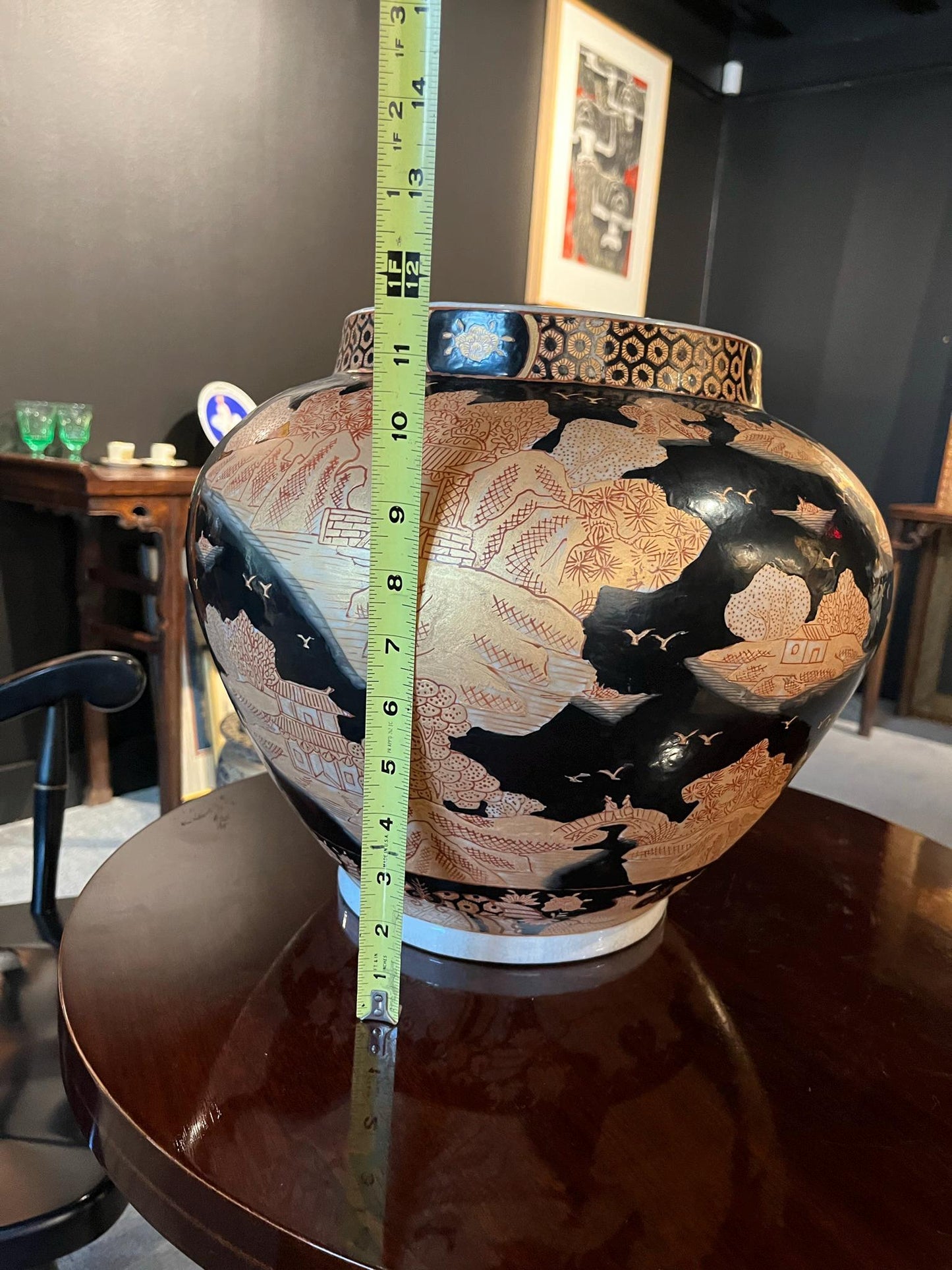Japanese Satsuma Style Black & Gold Landscape Ginger Jar Vase | Hand Decorated Scenic Pottery | Asian Home Decor | Vintage Collectible