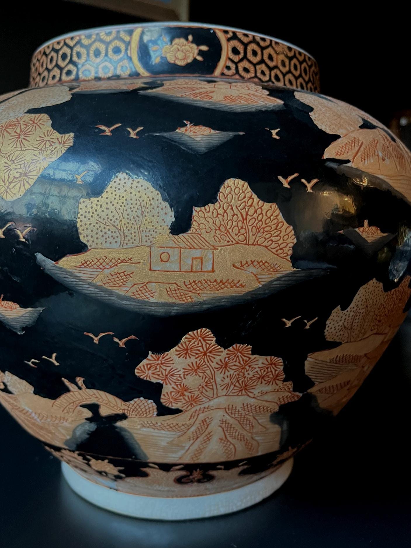 Japanese Satsuma Style Black & Gold Landscape Ginger Jar Vase | Hand Decorated Scenic Pottery | Asian Home Decor | Vintage Collectible