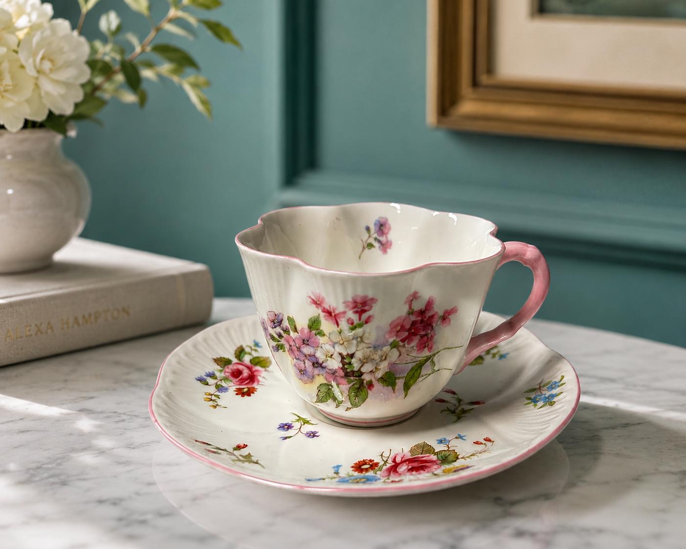 Shelley Rose & Red Daisy Fine Bone China Teacup and Saucer Set | England Pink Floral Tea Cup | Vintage English Cottagecore Tea Set