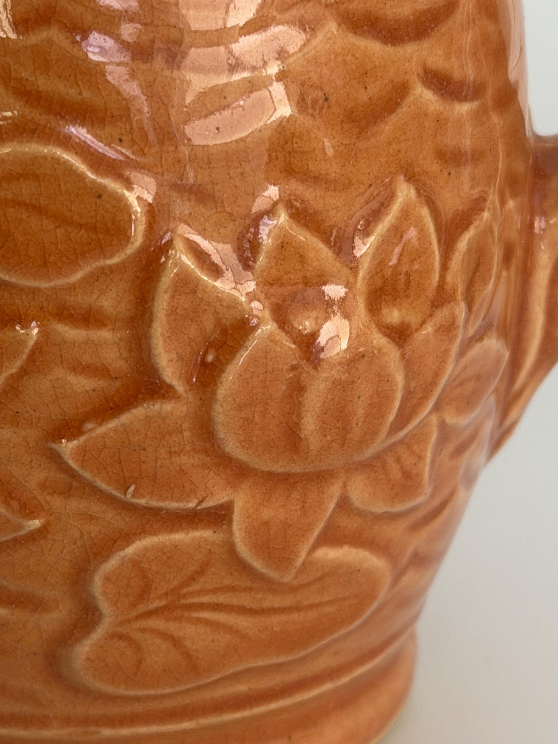 Vintage Brush McCoy Pottery Water Lily Pitcher No. 60, Orange Glazed Floral Relief Ceramic Jug, Art Pottery Vase