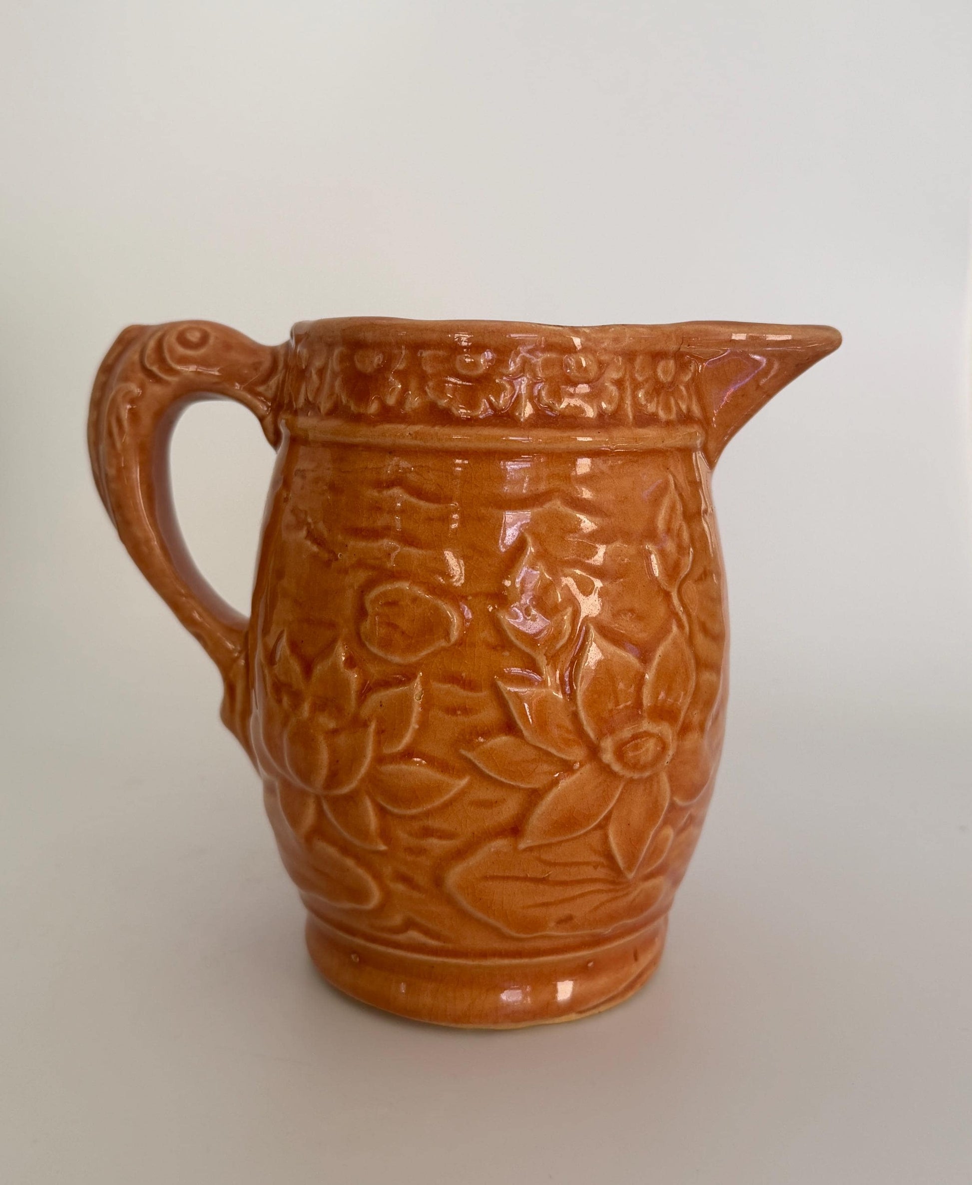 Vintage Brush McCoy Pottery Water Lily Pitcher No. 60, Orange Glazed Floral Relief Ceramic Jug, Art Pottery Vase