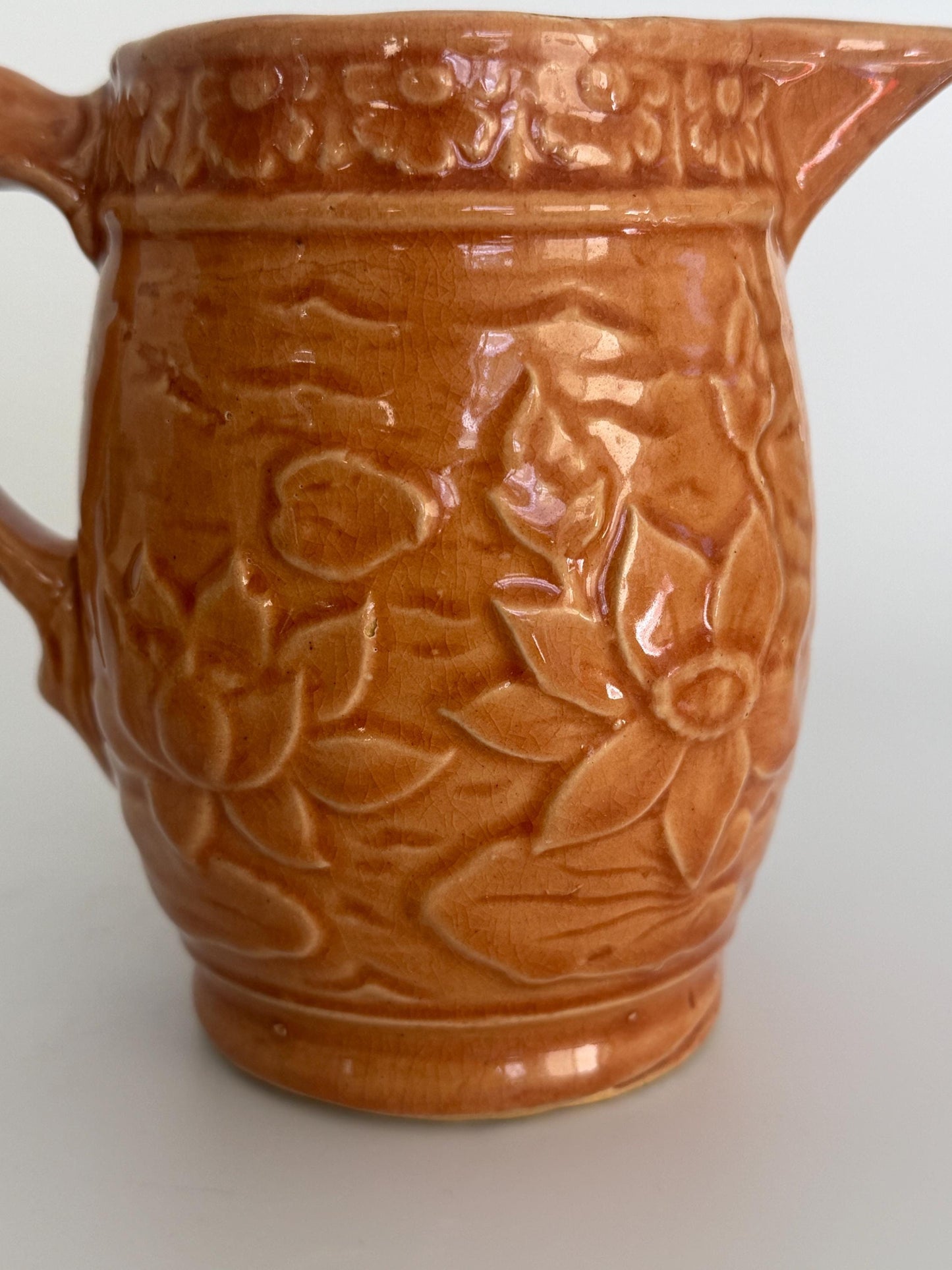 Vintage Brush McCoy Pottery Water Lily Pitcher No. 60, Orange Glazed Floral Relief Ceramic Jug, Art Pottery Vase