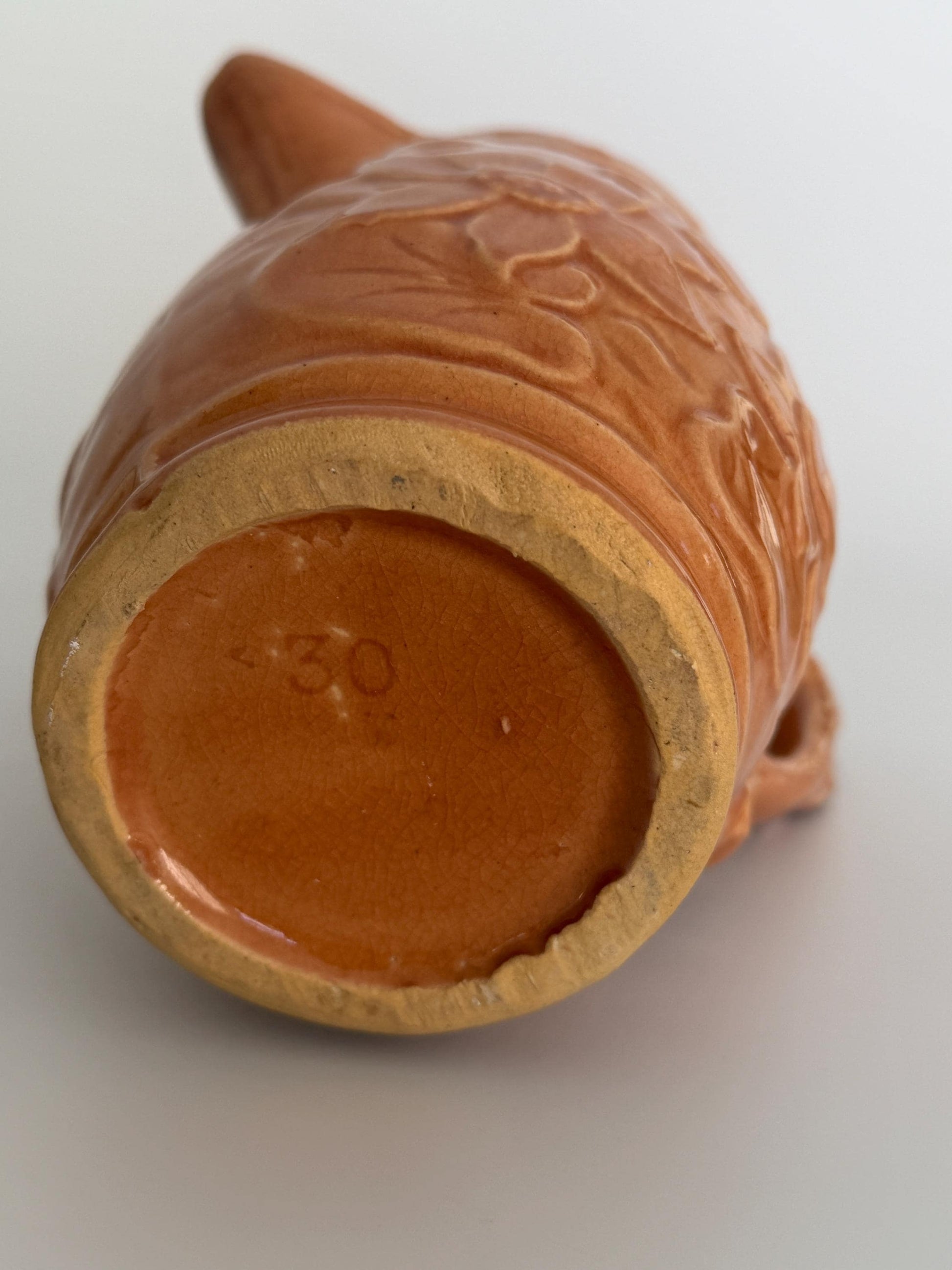 Vintage Brush McCoy Pottery Water Lily Pitcher No. 60, Orange Glazed Floral Relief Ceramic Jug, Art Pottery Vase