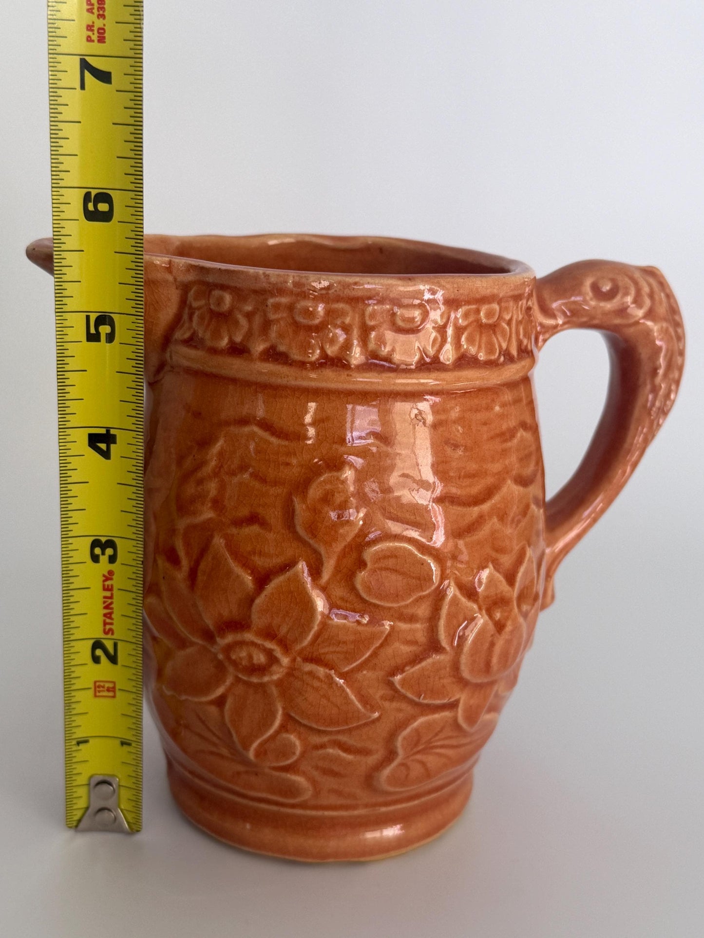 Vintage Brush McCoy Pottery Water Lily Pitcher No. 60, Orange Glazed Floral Relief Ceramic Jug, Art Pottery Vase