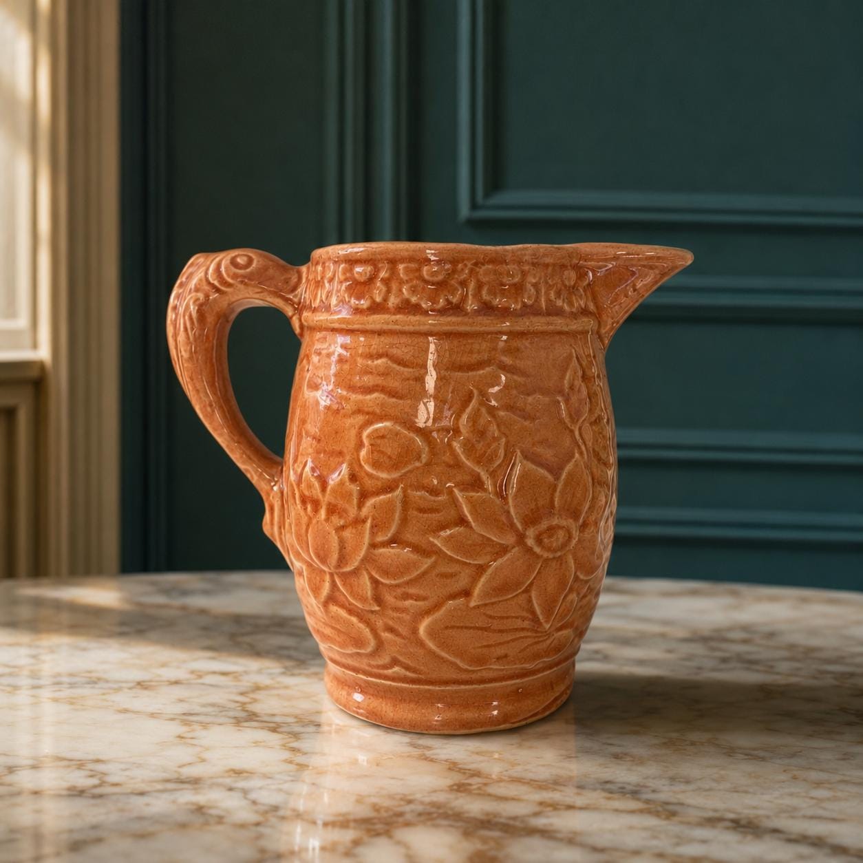 Vintage Brush McCoy Pottery Water Lily Pitcher No. 60, Orange Glazed Floral Relief Ceramic Jug, Art Pottery Vase
